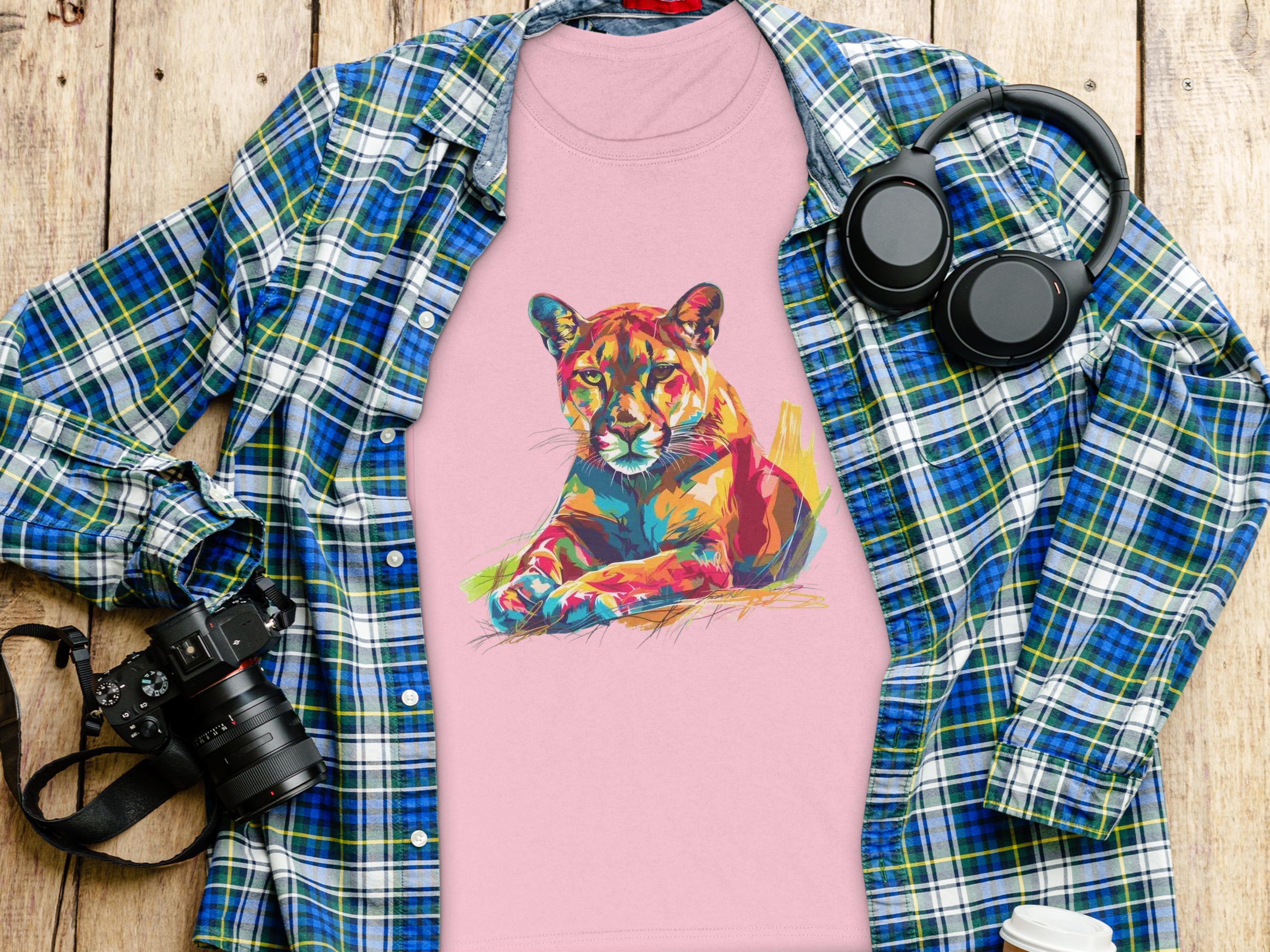 A Garment Graphics pink t-shirt with a vibrant puma print is laid on wood, surrounded by a blue and green plaid shirt, black headphones, a camera, and a coffee cup.