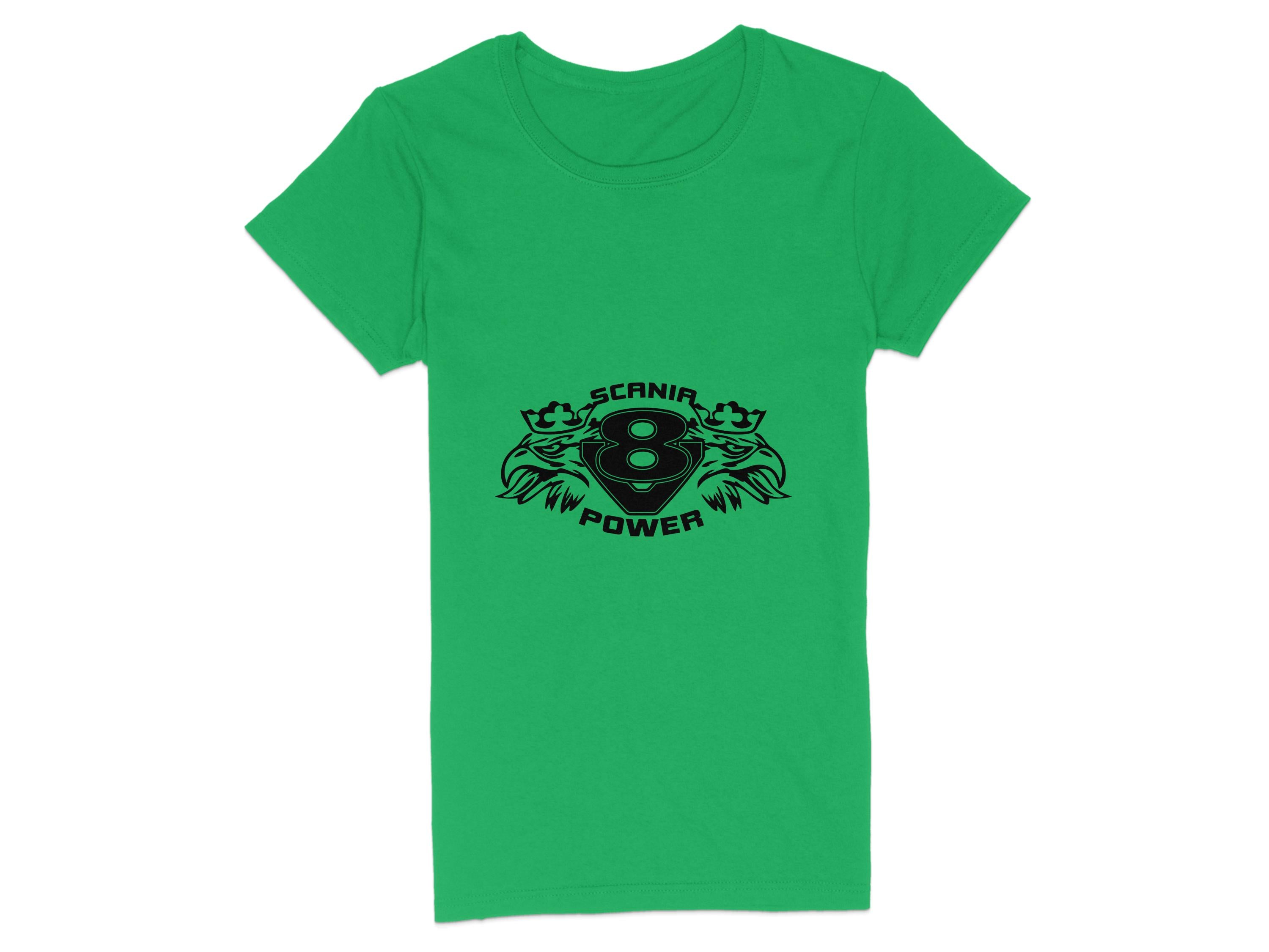 Green Scania T-shirt by Garment Graphics features a black design with stylized eagle heads flanking a central emblem with the number 8. SCANIA POWER is boldly displayed above and below the emblem.