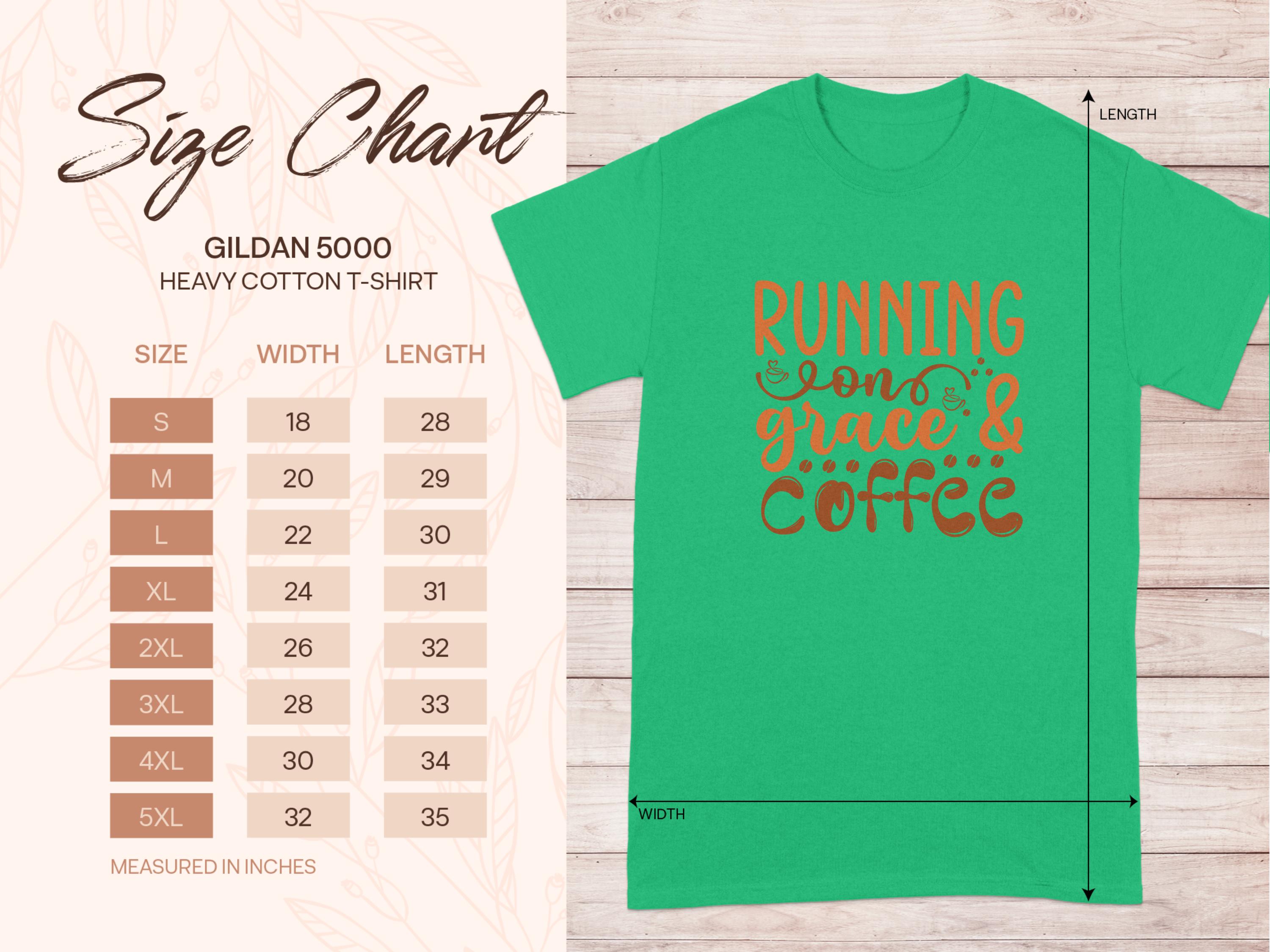 Green graphic t-shirt by Garment Graphics with Running on Grace & Coffee in orange and brown. Features a size chart titled Gildan 5000 Heavy Cotton T-Shirt with sizes S to 5XL. Ideal for fans of inspirational sayings.