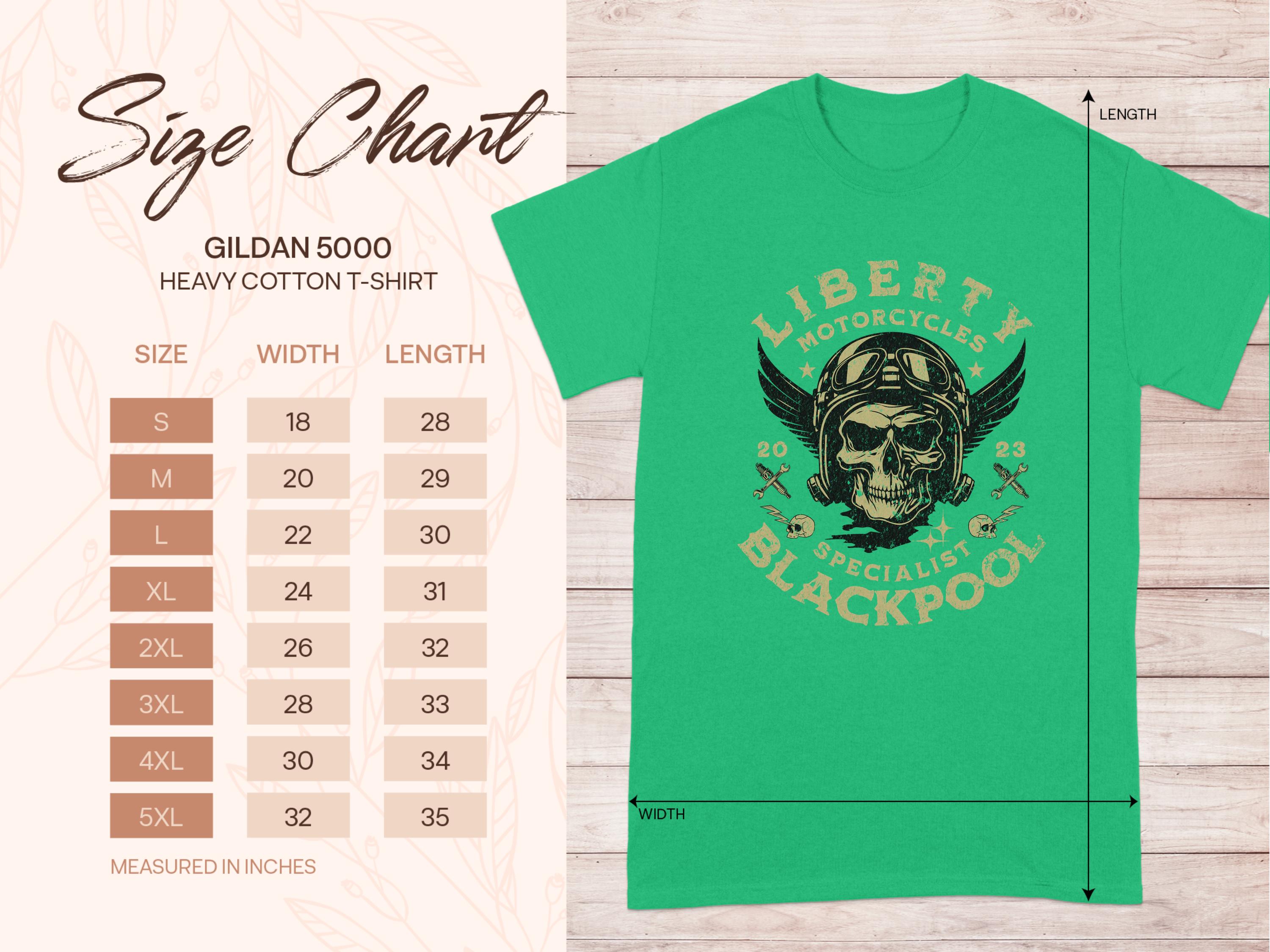 Garment Graphics green T-shirt boasts a vintage skull design with a helmet and goggles, featuring Liberty Motorcycles Specialist Blackpool and 2023. Ideal for motorcycle fans, it includes a size chart from S to 5XL.