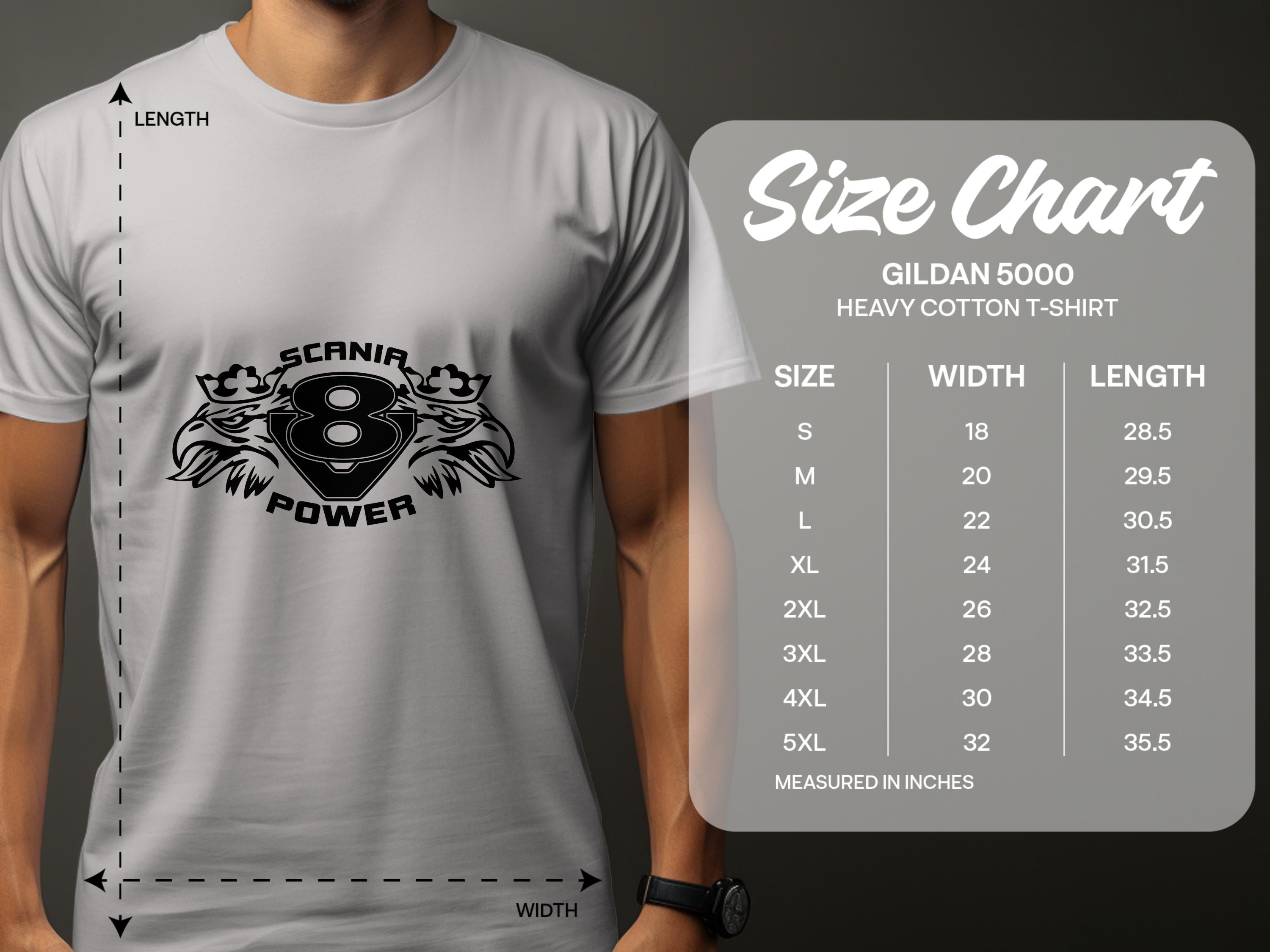 A person wearing a white Garment Graphics T-shirt with the Scanir Power logo and a tribal design stands by a Gildan 5000 size chart, displaying sizes Small to 5XL with width and length in inches.