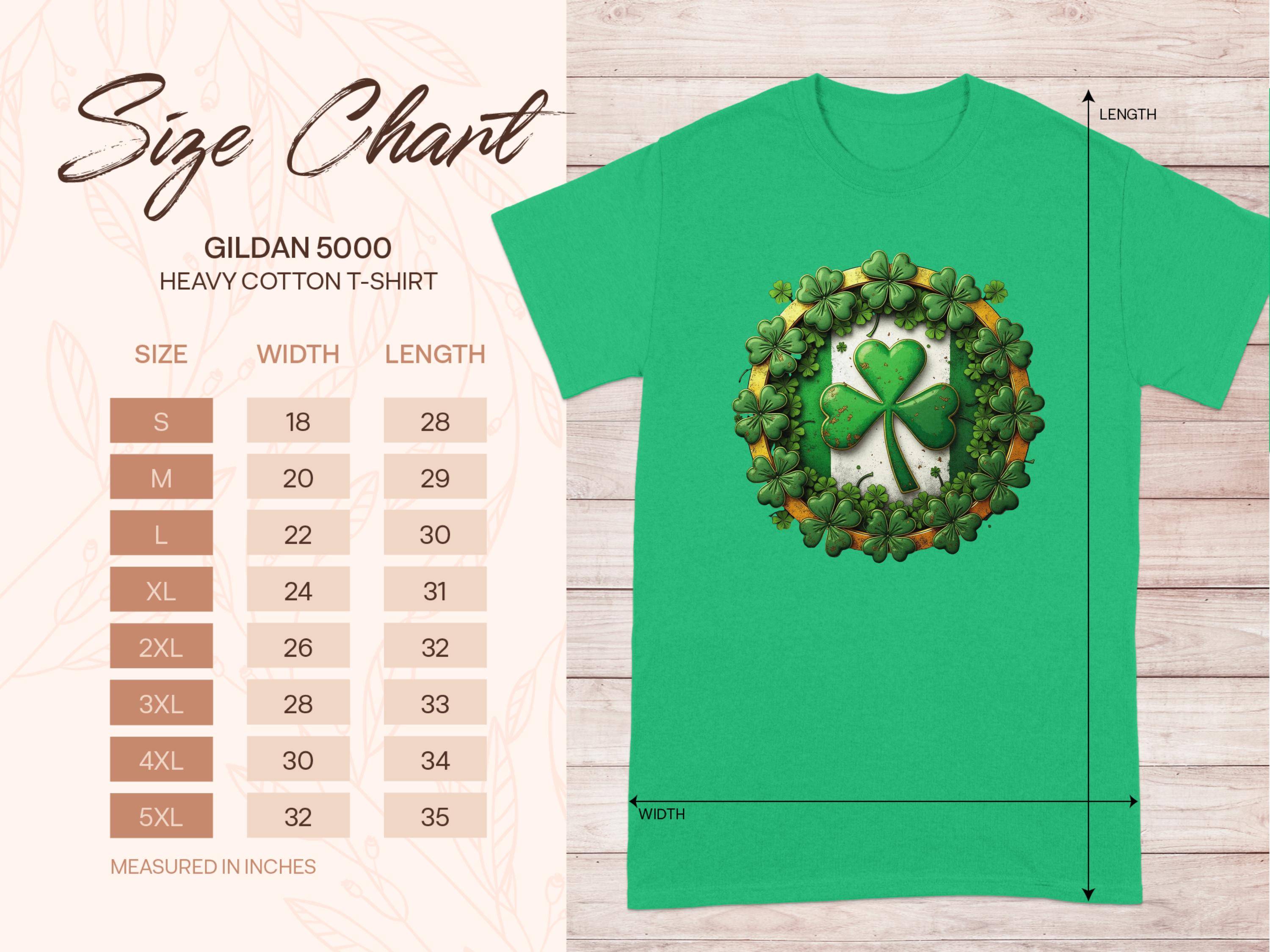 A Garment Graphics green graphic T-shirt with a shamrock clover and leaf wreath design is ideal for St. Patricks Day. Beside it, a size chart for the Gildan 5000 details measurements in inches for various sizes, including width and length in a table format.