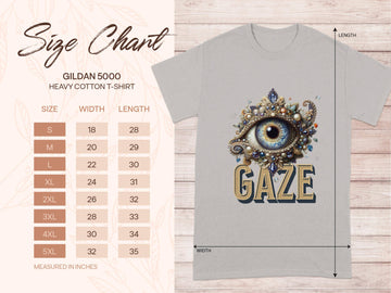 The Garment Graphics classic fit Gildan 5000 heavy cotton t-shirt features an eye illustration above GAZE and includes a size chart with measurements for sizes S to 5XL.