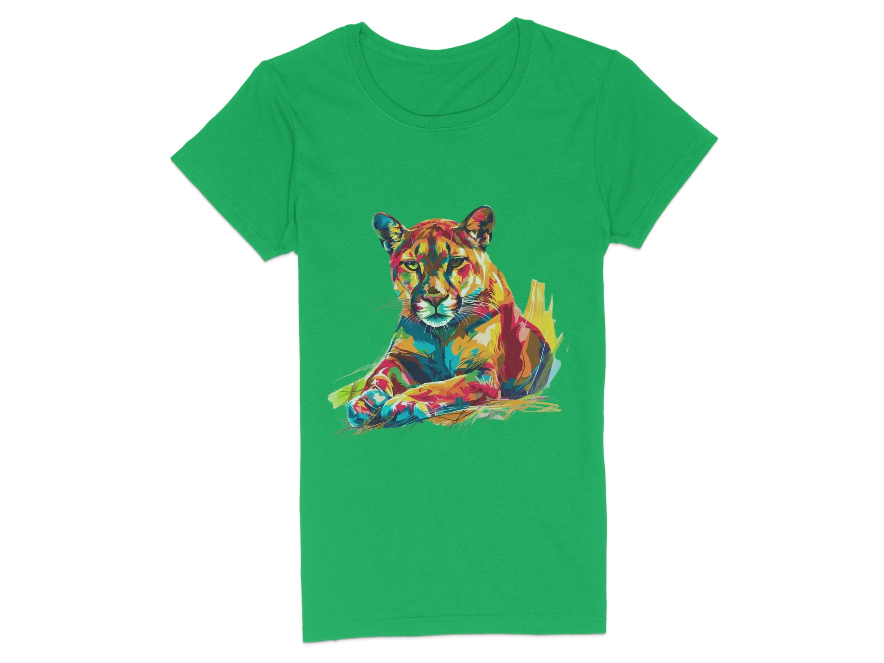 Garment Graphics offers a vibrant T-shirt featuring an artistic graphic print of a colorful puma design at its center. The puma is illustrated in lively hues of red, blue, yellow, and orange.