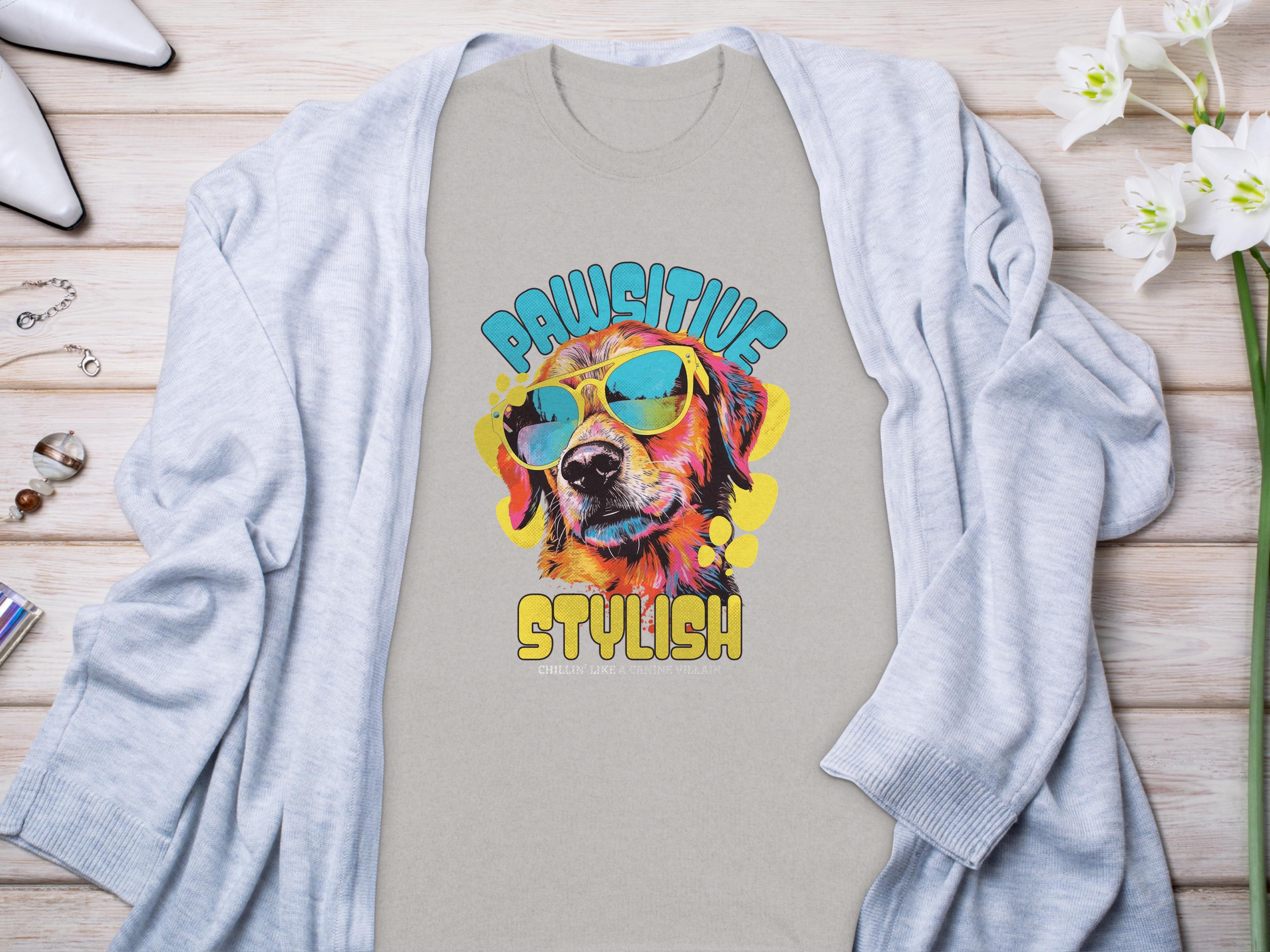 A Garment Graphics gray T-shirt features a vivid dog in sunglasses with Paw-sitive Stylish vibes. The phrase Chillin Like A Canine Villain adds playfulness, complemented by a cardigan, jewelry, and flowers on a wooden surface.