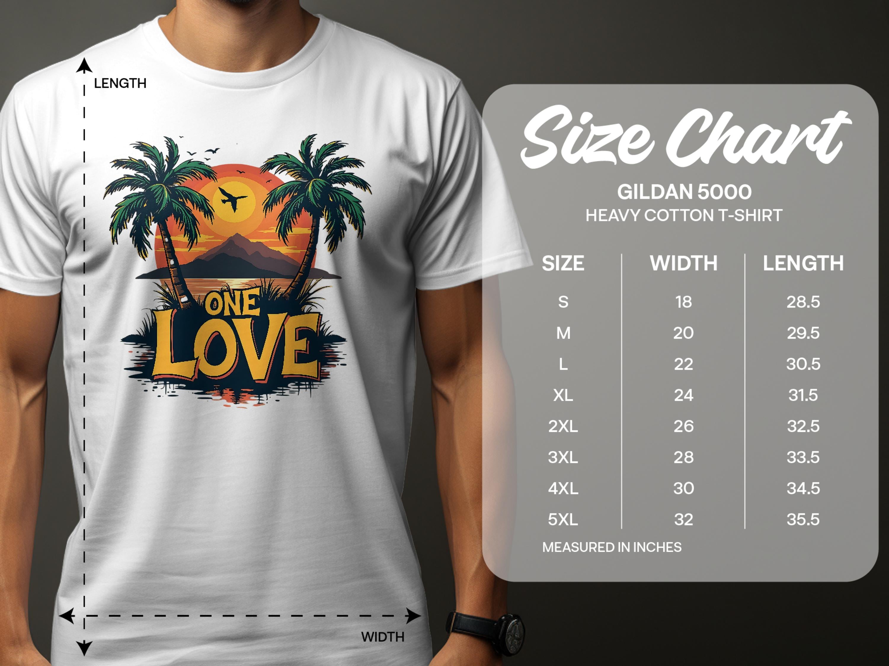 A beach lover sports a Garment Graphics white T-shirt with a tropical sunset, palm trees, and One Love. Nearby is the Gildan 5000 size chart for sizes S to 5XL, showing widths and lengths in inches.