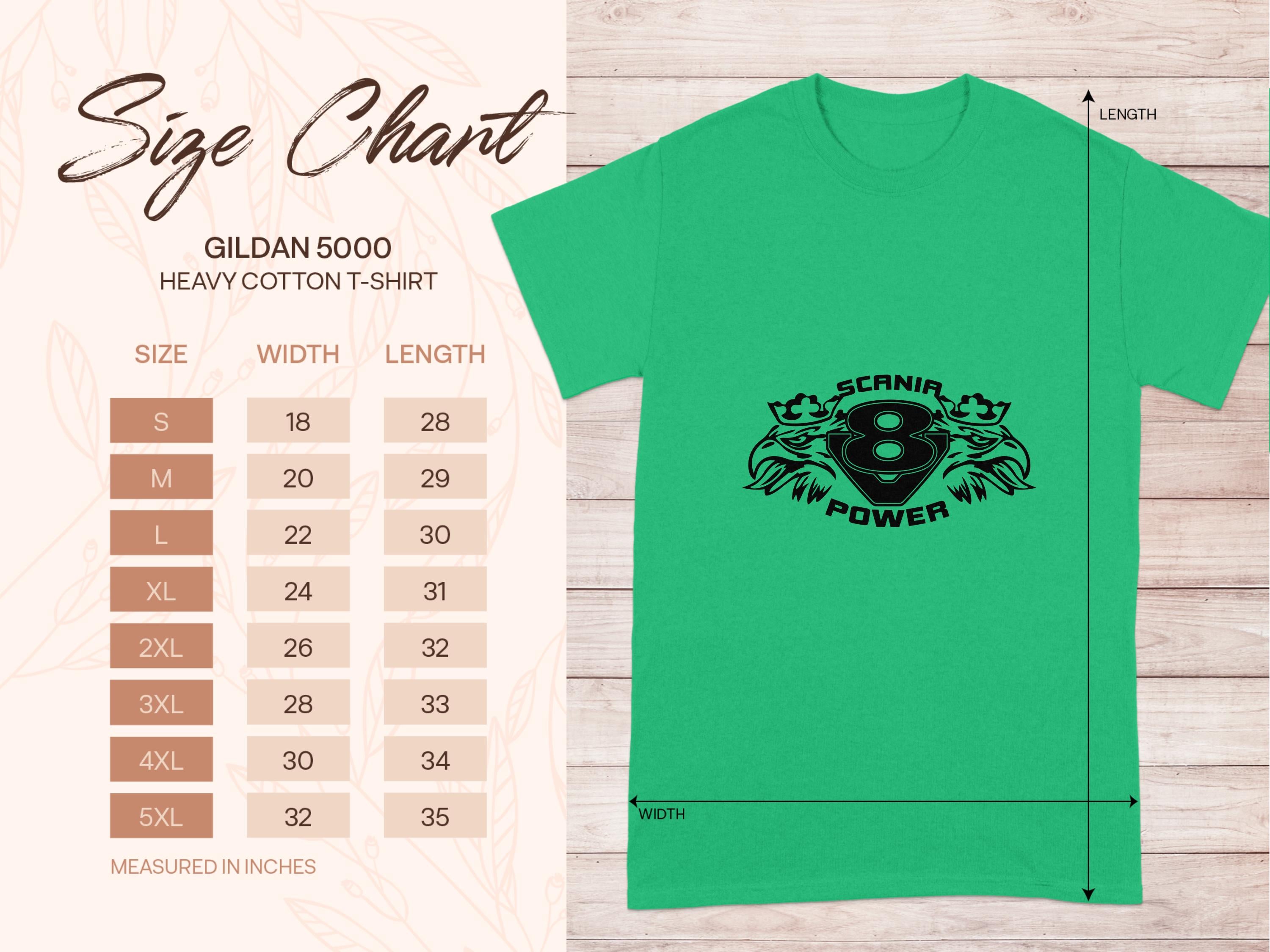 Garment Graphics green T-shirt boasts a striking black motor graphic with SCANIA V8 POWER. A size chart on the left details measurements for sizes S to 5XL. The wooden background amplifies the Scania Power Eagle aesthetic.
