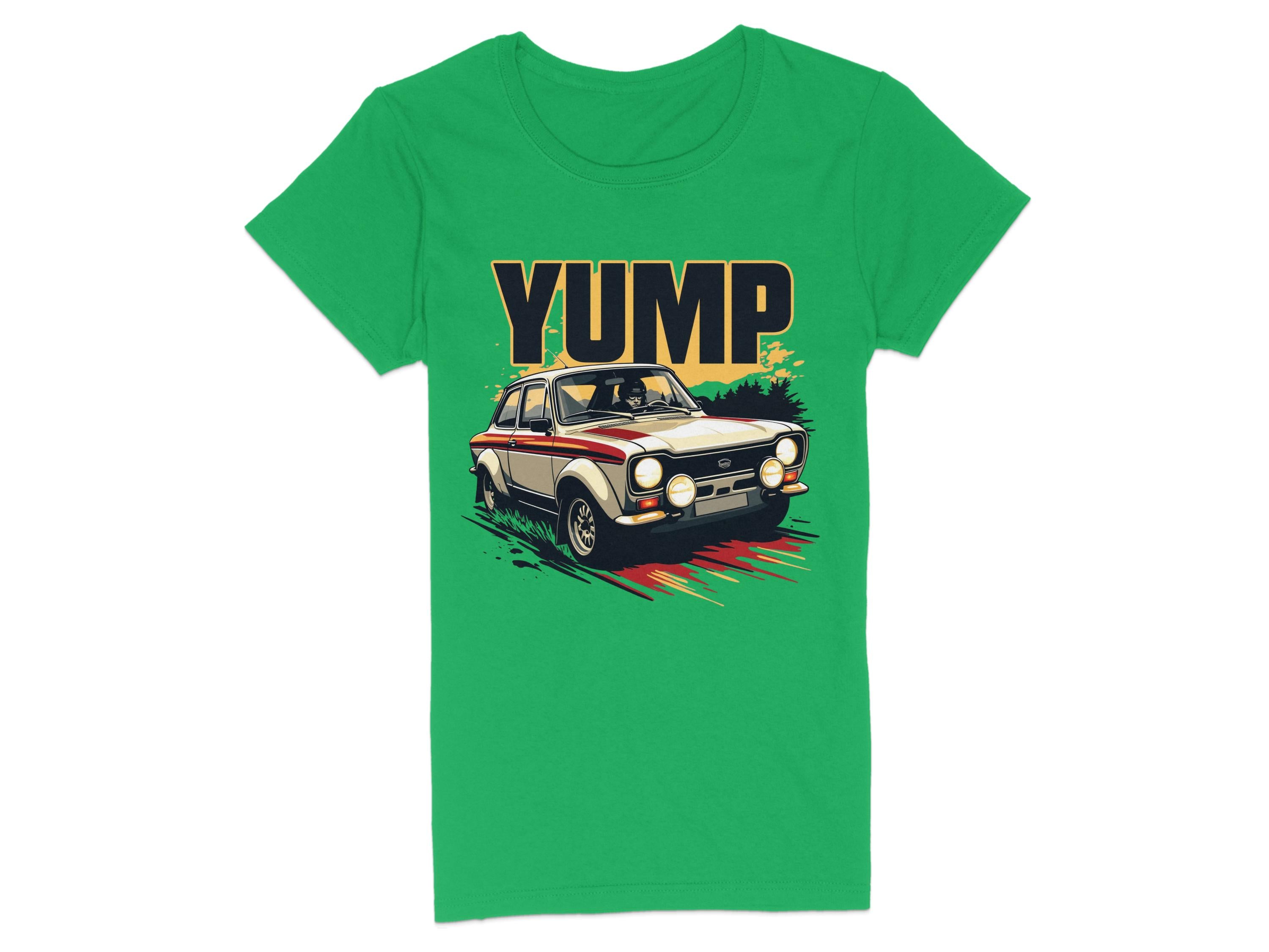 Garment Graphics green T-shirt features a bold, vintage racing car illustration with YUMP in uppercase letters above it, perfect for fans of retro design.
