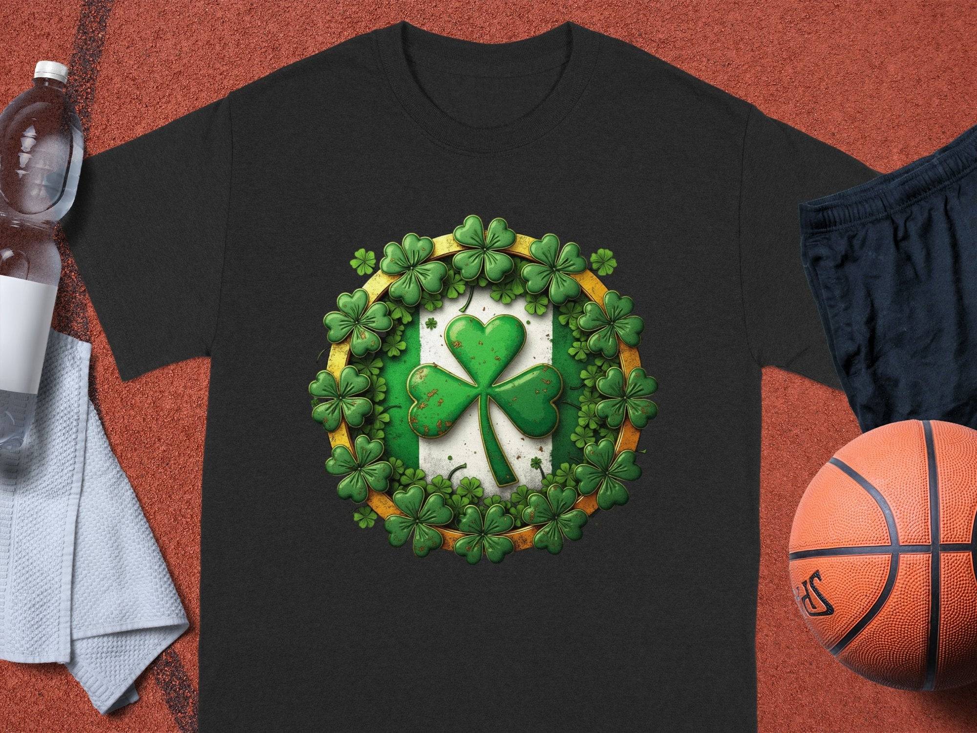 The Garment Graphics black graphic T-shirt features a bold green shamrock clover design in the center with smaller shamrocks and gold accents. Perfect for St. Patrick’s Day, its styled outdoors with a basketball, sports shorts, towel, and clear water bottle.