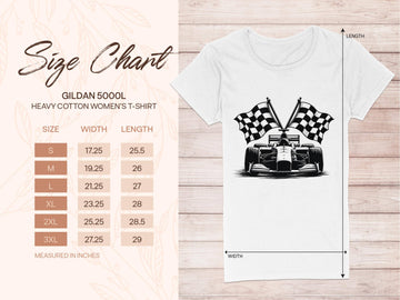 A white t-shirt with a black race car illustration and checkered flags, ideal for motorsport fans. Next is a size chart for Garment Graphics 5000L heavy cotton womens t-shirts, showing S to 3XL measurements in inches, all set against a wooden backdrop.