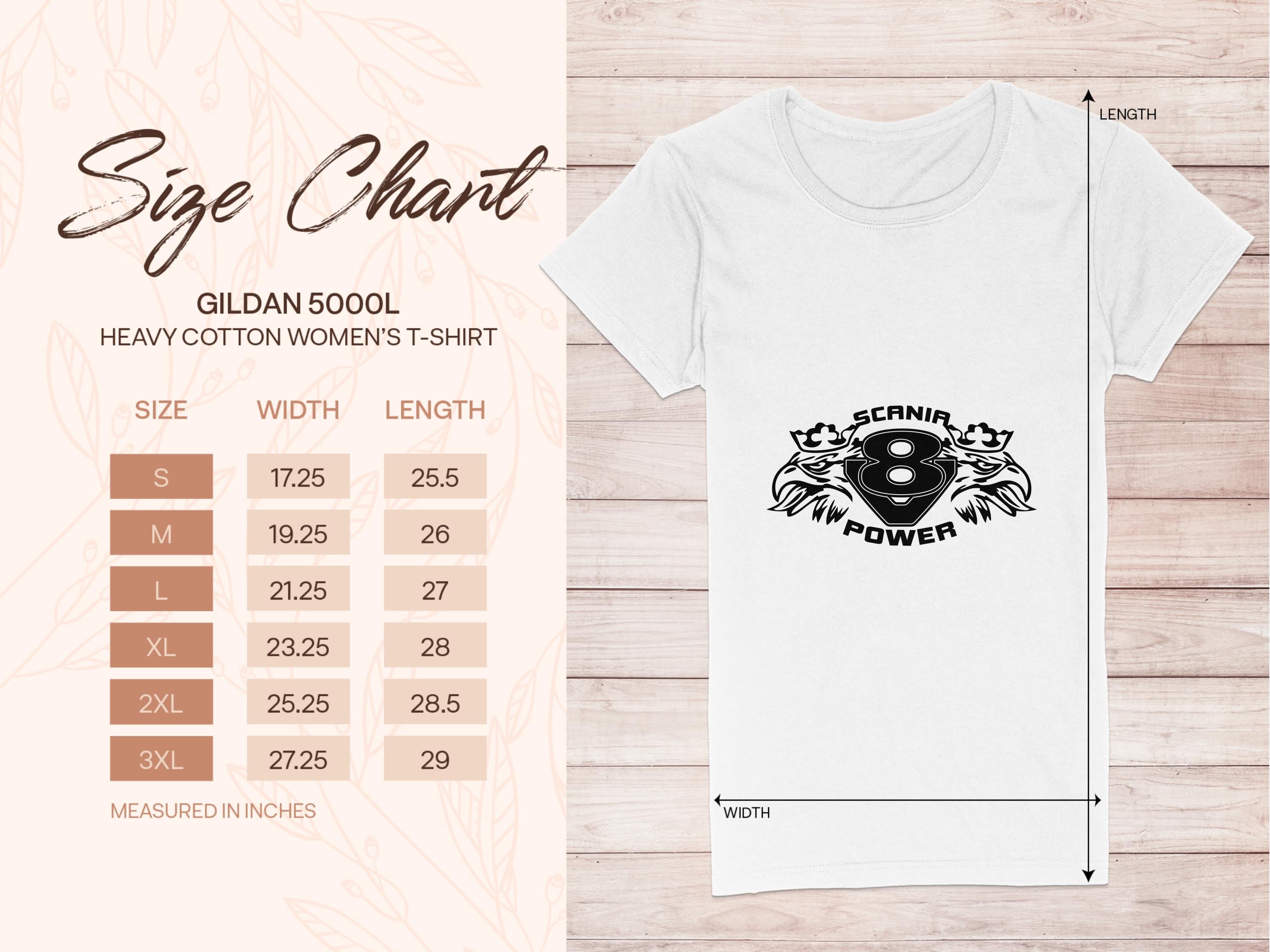 On the left, a size chart for Garment Graphics Gildan 5000L heavy cotton womens T-shirts shows sizes S to 3XL with width and length in inches. On the right, a white T-shirt displays the Scania Power logo with eagle heads and arrows indicating dimensions.