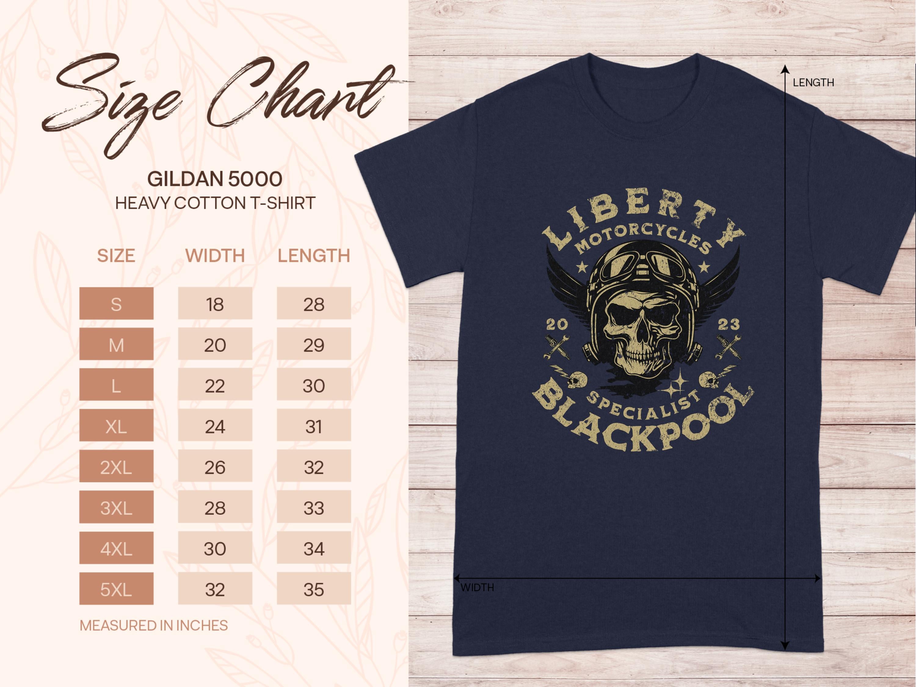 On the left, see the size chart for Garment Graphics T-shirts (S to 5XL) with width and length in inches. On the right, find a navy T-shirt featuring Liberty Motorcycles Specialist Blackpool and a skull design—ideal for motorcycle enthusiasts who love vintage styles.