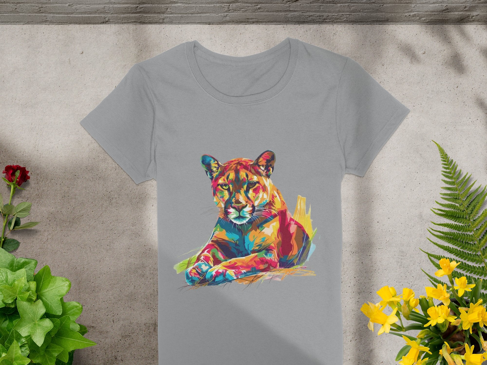 A Garment Graphics gray T-shirt with a vibrant puma print is displayed on concrete, surrounded by green plants and yellow flowers.