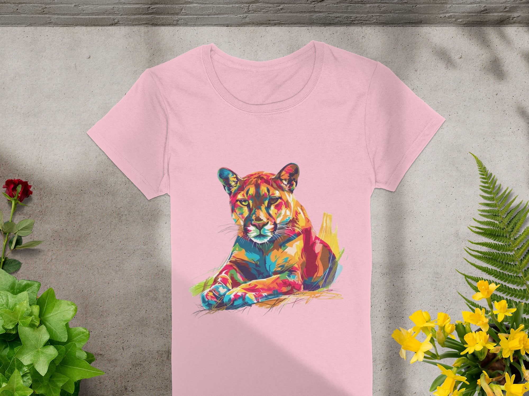 A light pink T-shirt by Garment Graphics features a colorful puma design with an abstract lounging cougar illustration. The print stands out on concrete, surrounded by vibrant green plants and red and yellow flowers.