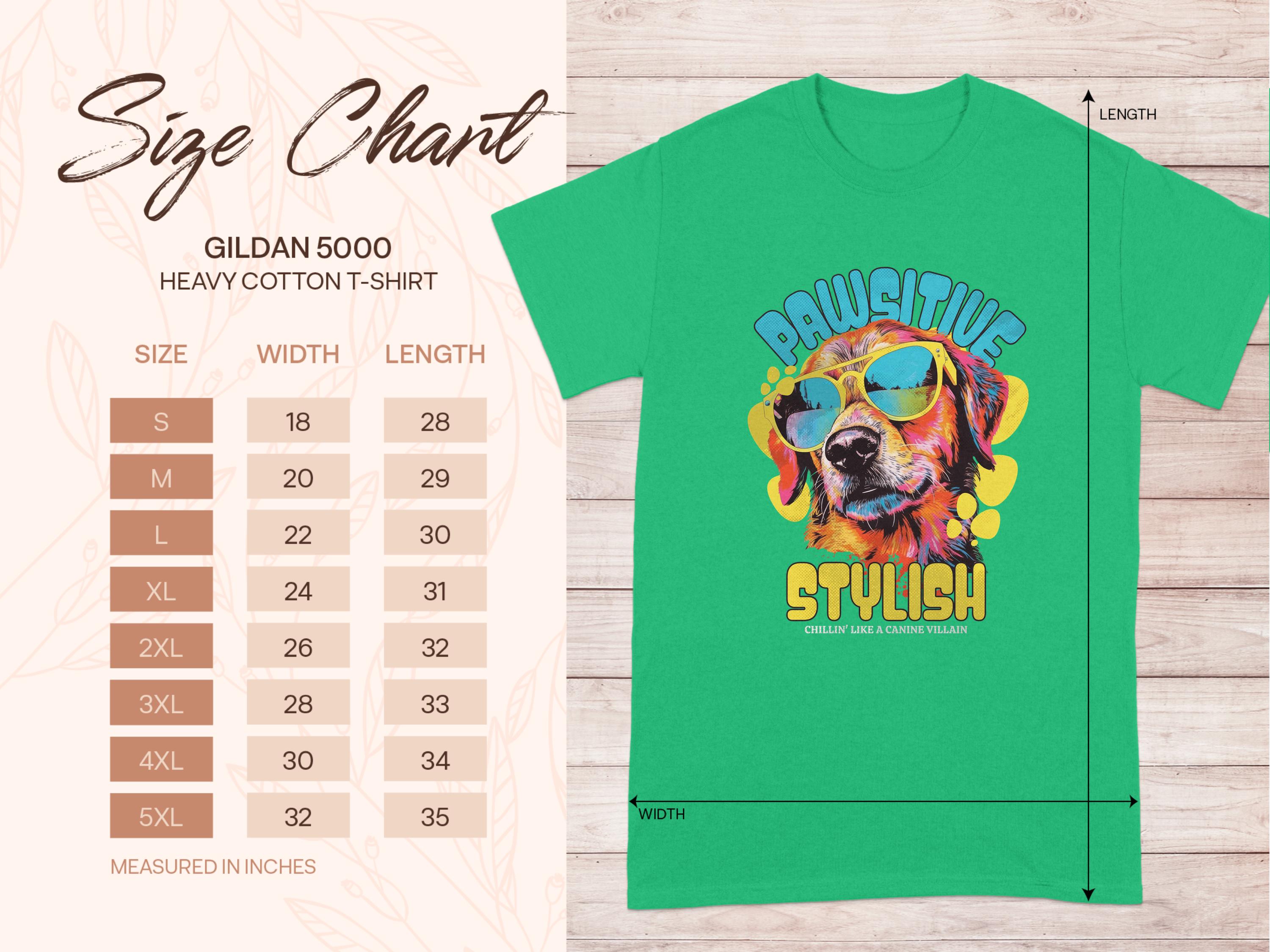 Garment Graphics green t-shirt features a dog with sunglasses and the phrase Chillin Like A Canine Villain. It comes in sizes S to 5XL, based on the Gildan 5000 heavy cotton size chart, ensuring a stylish fit for everyone.