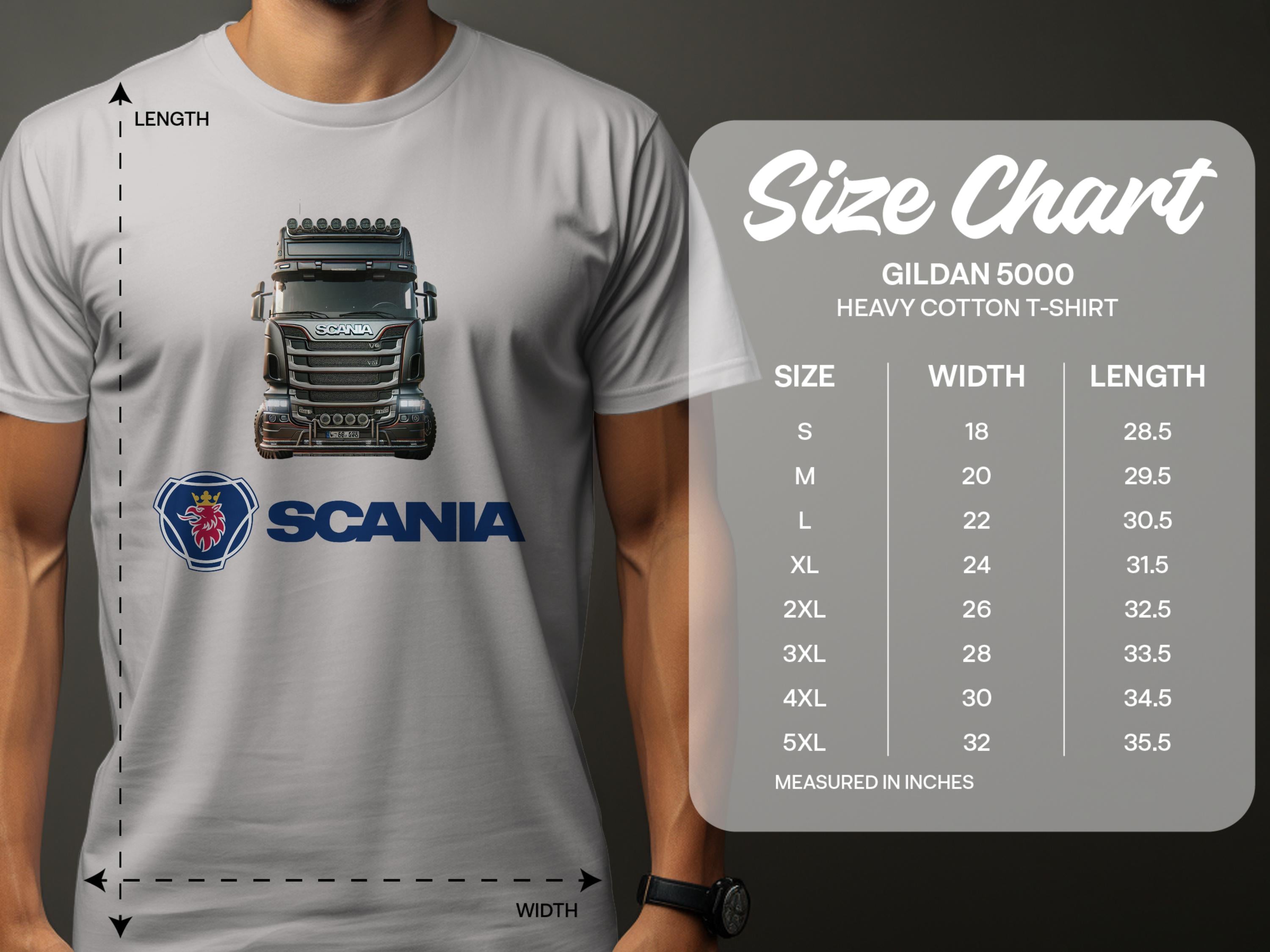 A person in a Garment Graphics gray t-shirt with a Scania truck and logo, ideal for truck fans, is shown beside a Gildan 5000 heavy cotton size chart. Sizes range from S to 5XL with exact width and length measurements in inches outlined.