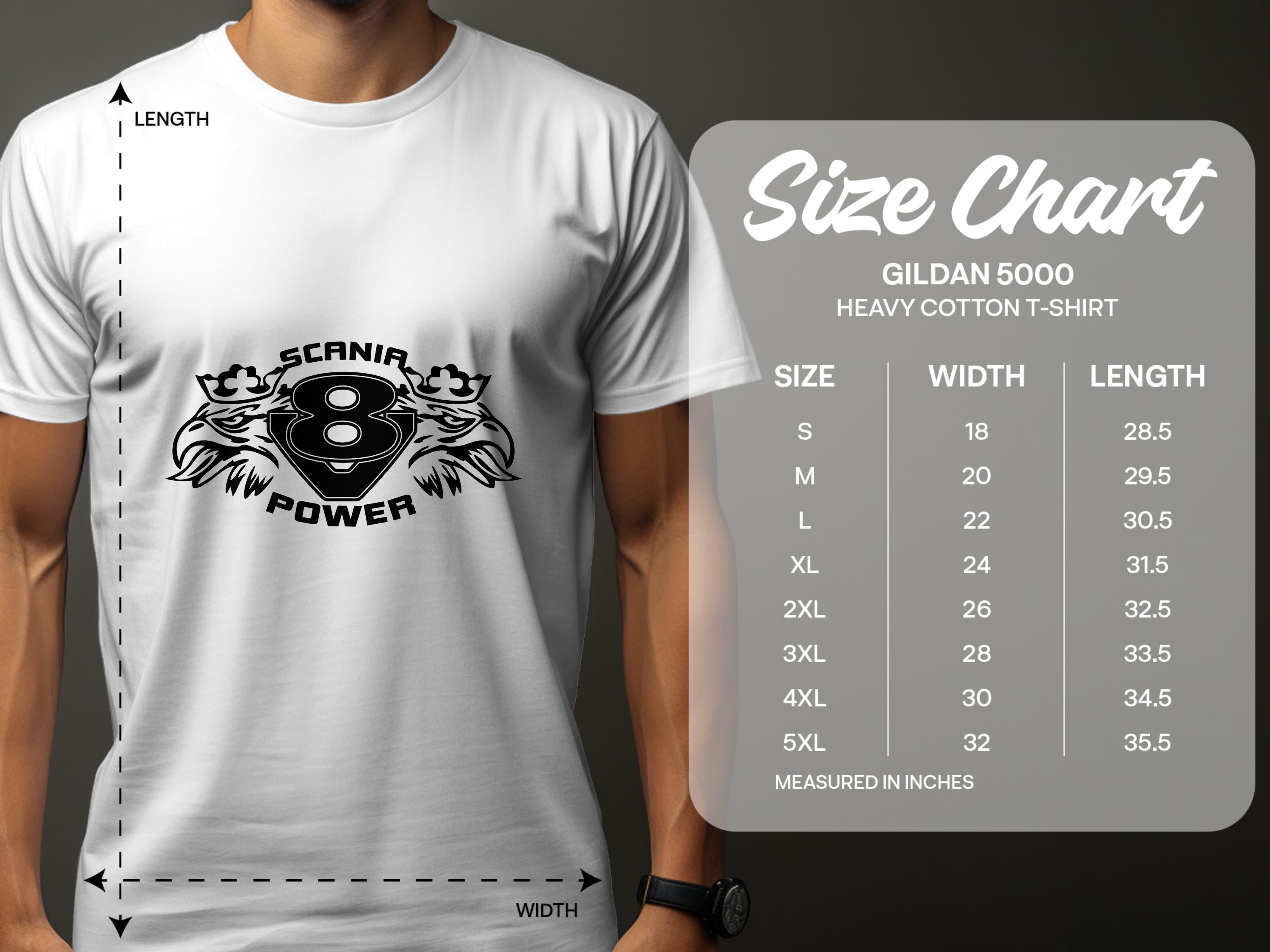 A person wears a white Garment Graphics T-shirt with a bold black Scanir Power logo. Beside them is a size chart for Gildan 5000 heavy cotton T-shirts, showing sizes S to 5XL with width and length in inches.