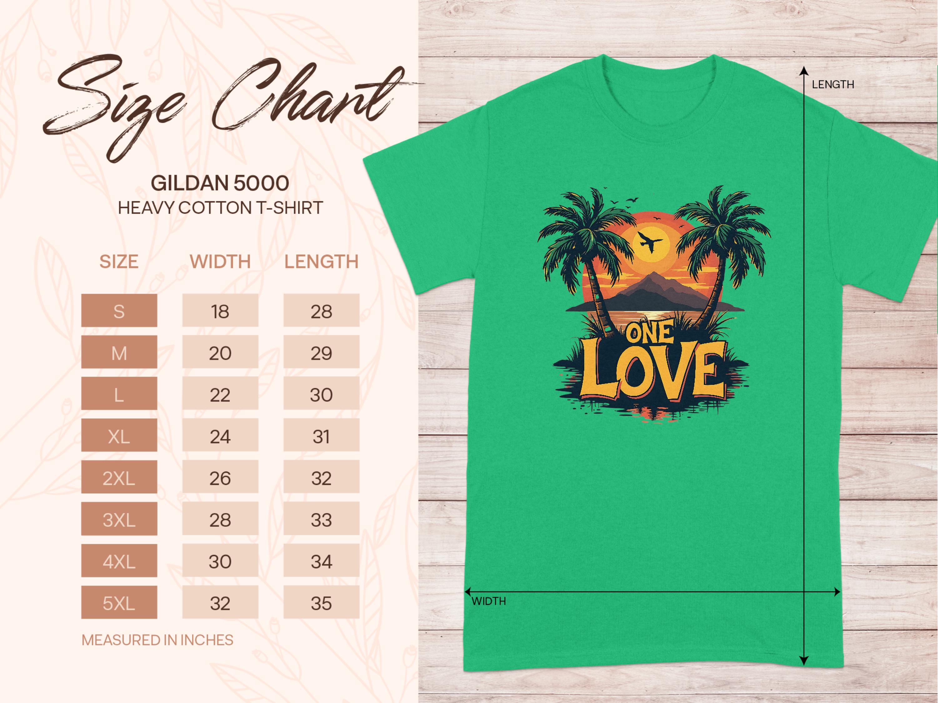A Garment Graphics T-shirt with a One Love design shows two palm trees, a tropical sunset, and flying birds on green fabric—ideal for beach fans. To the left is a Gildan 5000 Heavy Cotton size chart listing measurements for S to 5XL in inches.