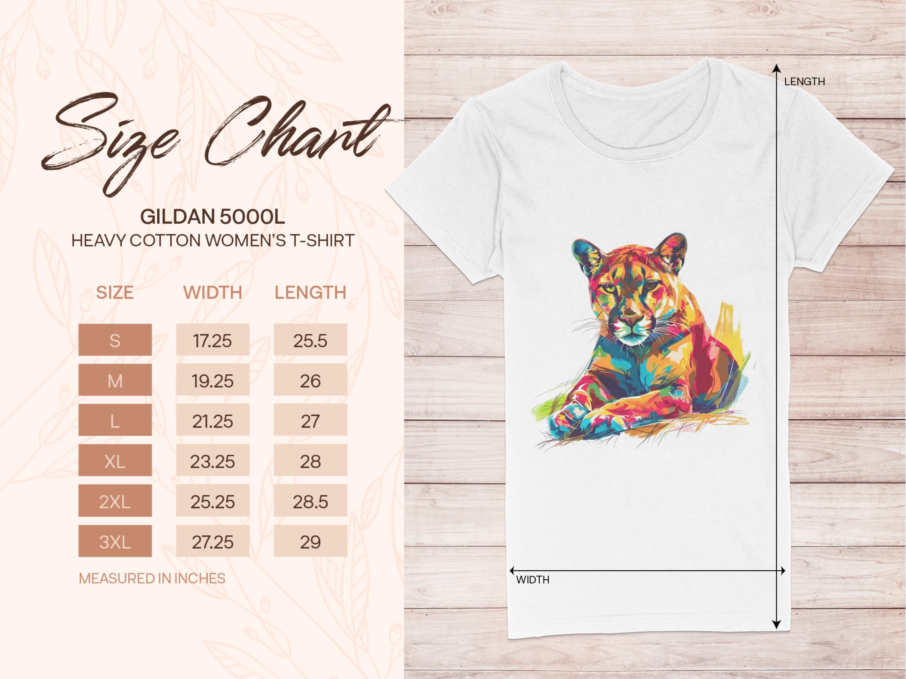 Garment Graphics white T-shirt showcases a vibrant puma graphic print. A size chart for Gildan 5000L heavy cotton womens T-Shirts, sizes S to 3XL, is displayed on the left, indicating width and length in inches. The background features a subtle leaf pattern.