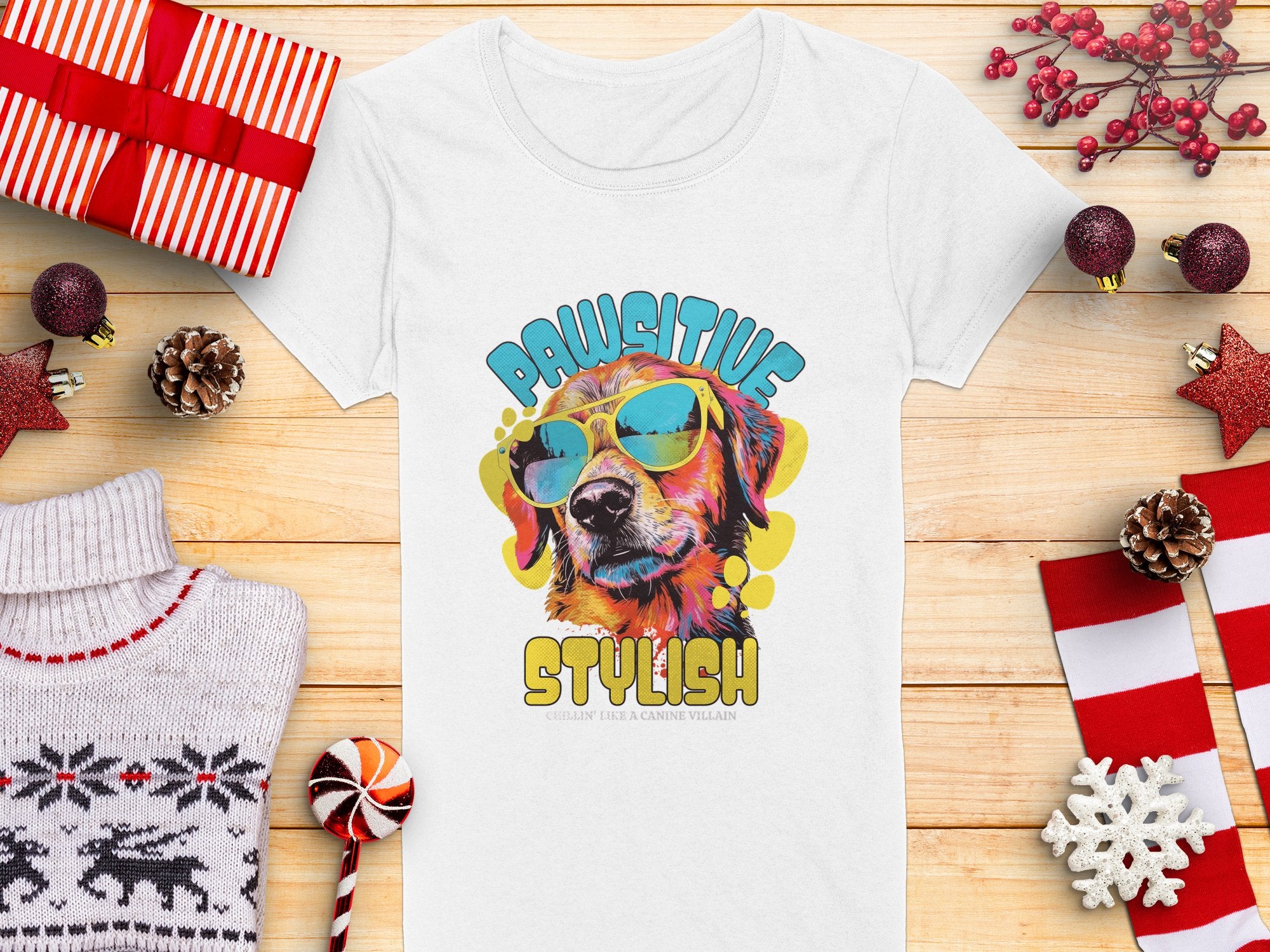 A white womens t-shirt by Garment Graphics, featuring a colorful graphic of a dog in sunglasses and Pawsitive Stylish, is displayed on wood. It’s surrounded by wrapped gifts, candy cane, pine cones, a reindeer sweater, and a red star decoration.