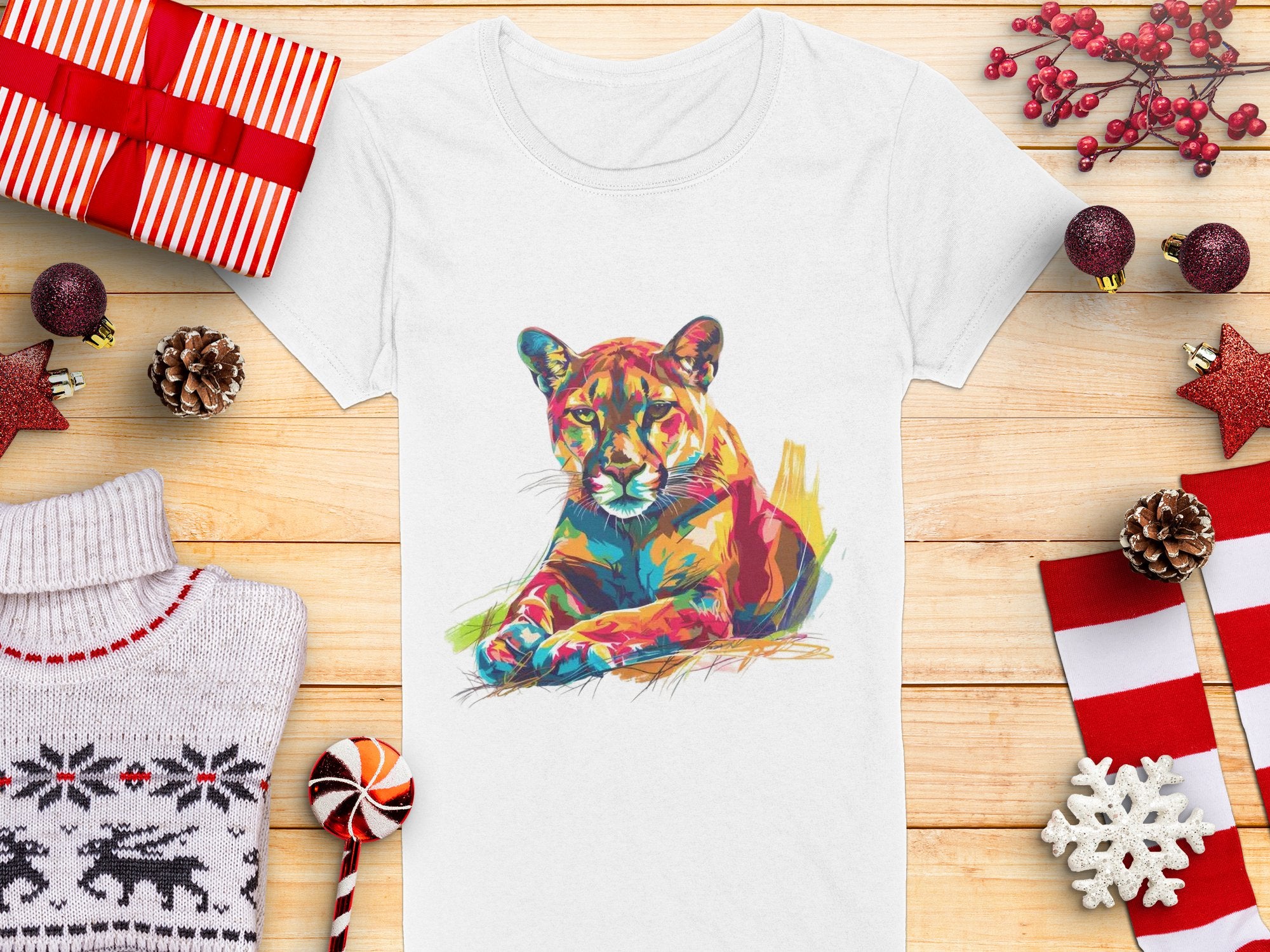 A white Garment Graphics T-shirt with a colorful puma design sits on a wooden surface, surrounded by wrapped gifts, pinecones, a candy cane, a folded sweater, and festive decorations like snowflakes and stars.