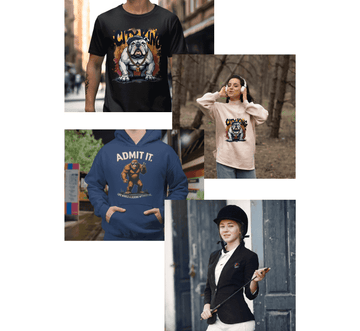 A collage of four images: a person in a Cat King bulldog T-shirt, another in a Cat King hoodie in a wooded area, a person in an Admit It hoodie outdoors, and a person in equestrian attire holding a riding crop.