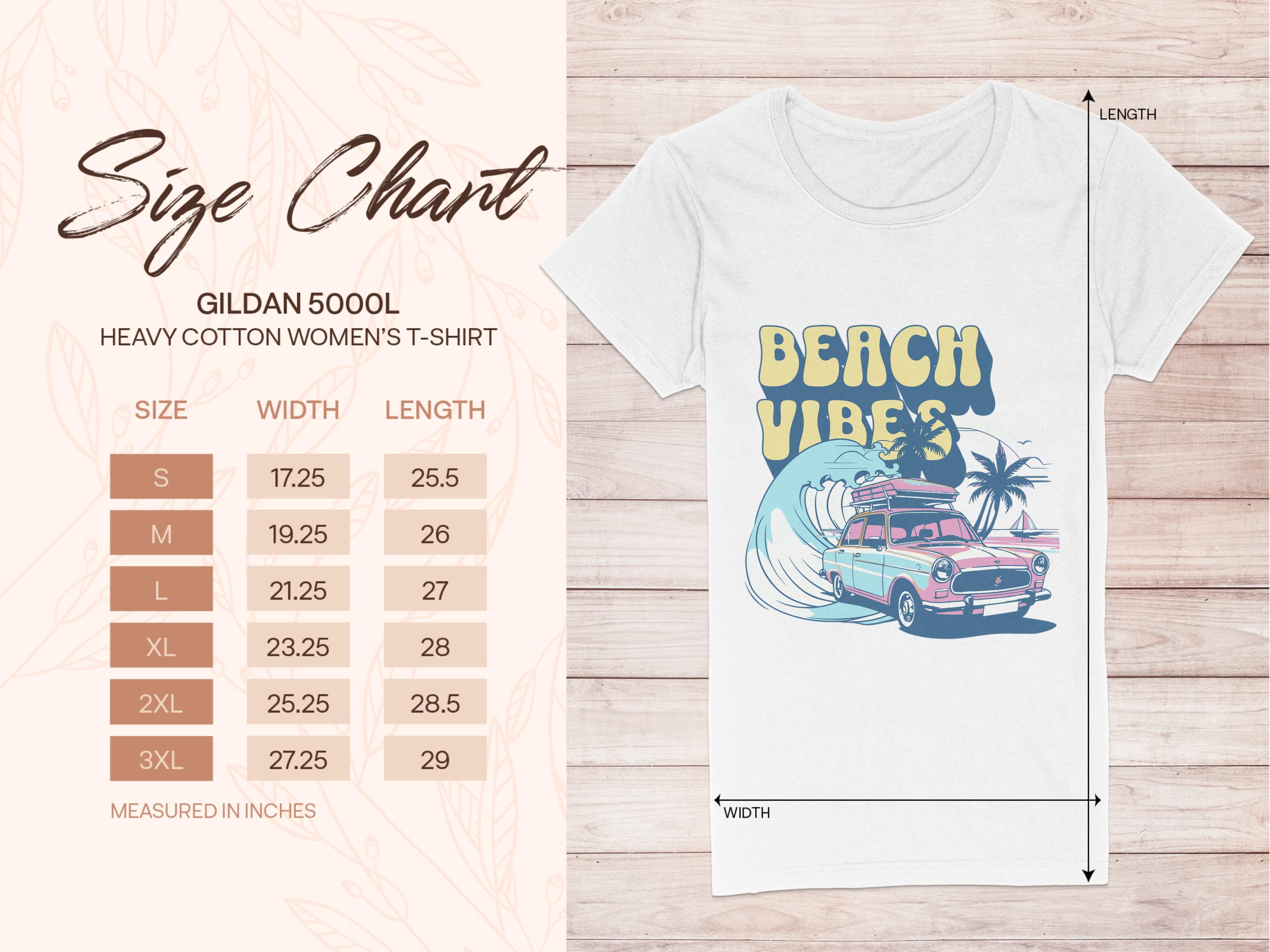 The Garment Graphics Gildan 5000L t-shirt features a retro surf design with Beach Vibes, showcasing a pink car, surfboard, palm trees, and wave on a white tee. The background has a subtle leaf pattern. Size chart available for S to 3XL with measurements in inches.