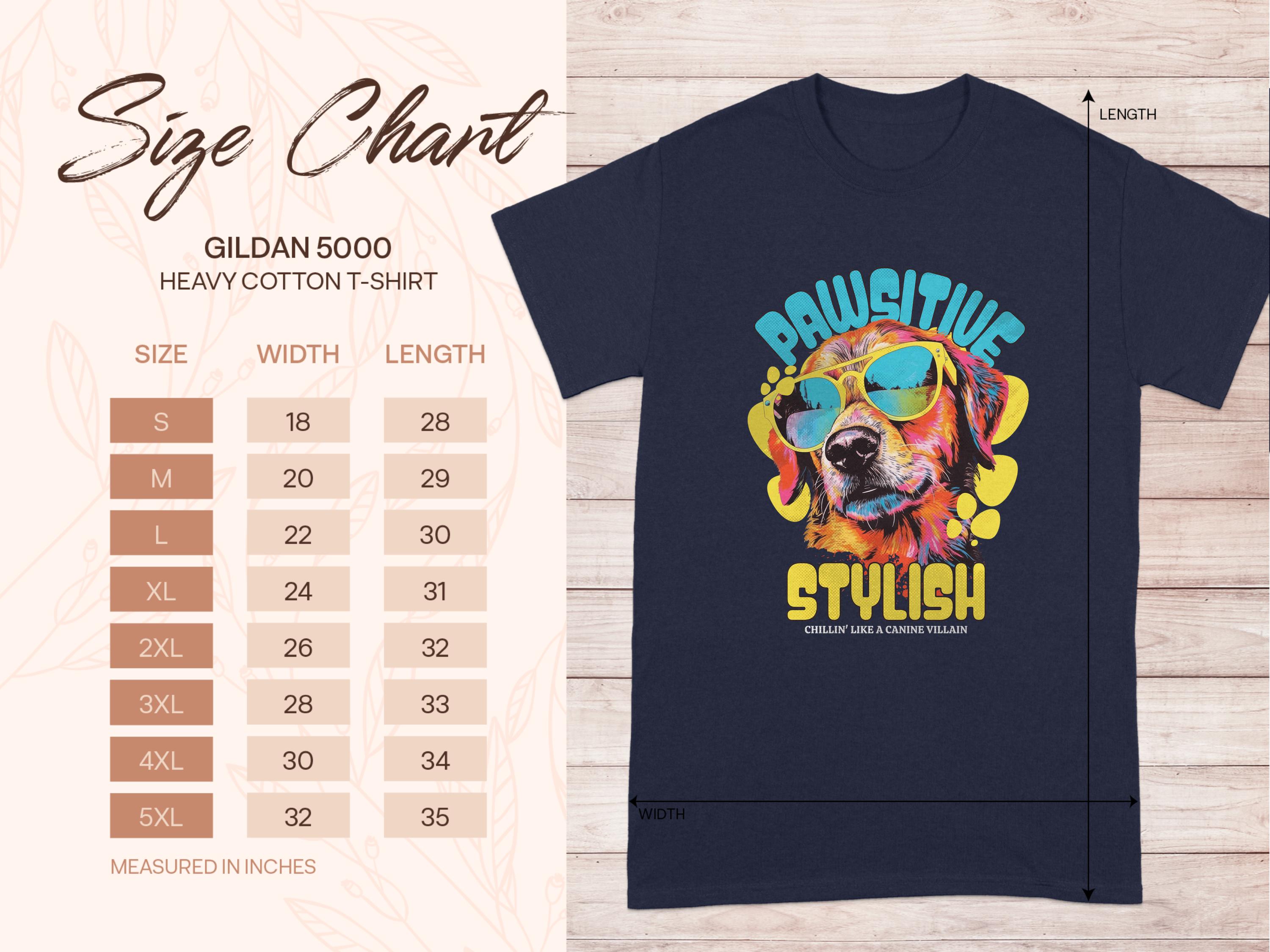 The ad from Garment Graphics features a black Dog T-Shirt with a vibrant pup wearing sunglasses, captioned Chillin Like A Canine Villain. A size chart on the left shows measurements for sizes S to 5XL by width and length in inches, ensuring the perfect fit for every Paw-sitive Stylish fan.