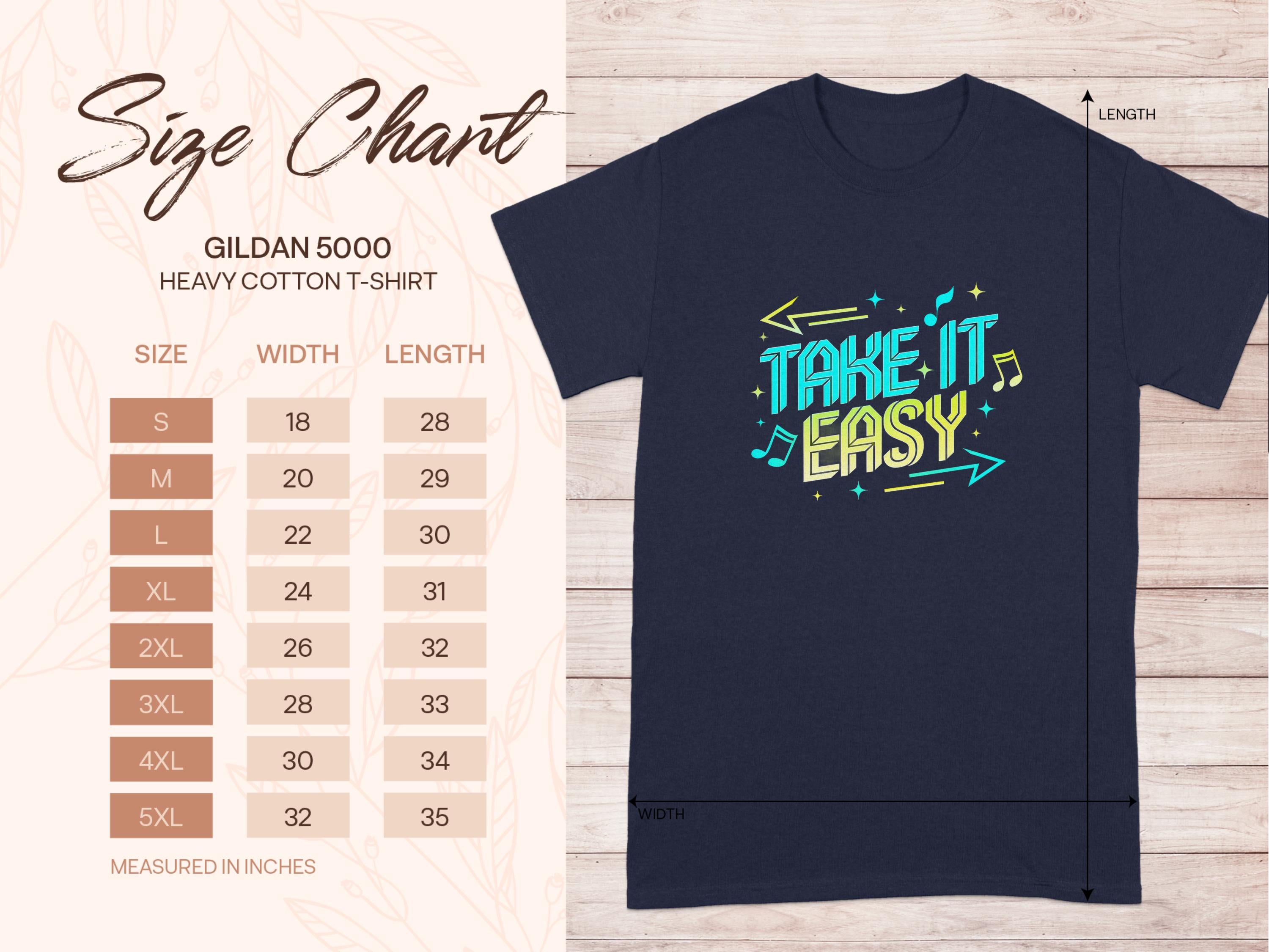 A Garment Graphics size chart for a Gildan 5000 heavy cotton T-shirt is shown next to an image of a navy Take It Easy tee with vibrant musical notes and arrows. Sizes S to 5XL are listed with their respective width and length measurements.
