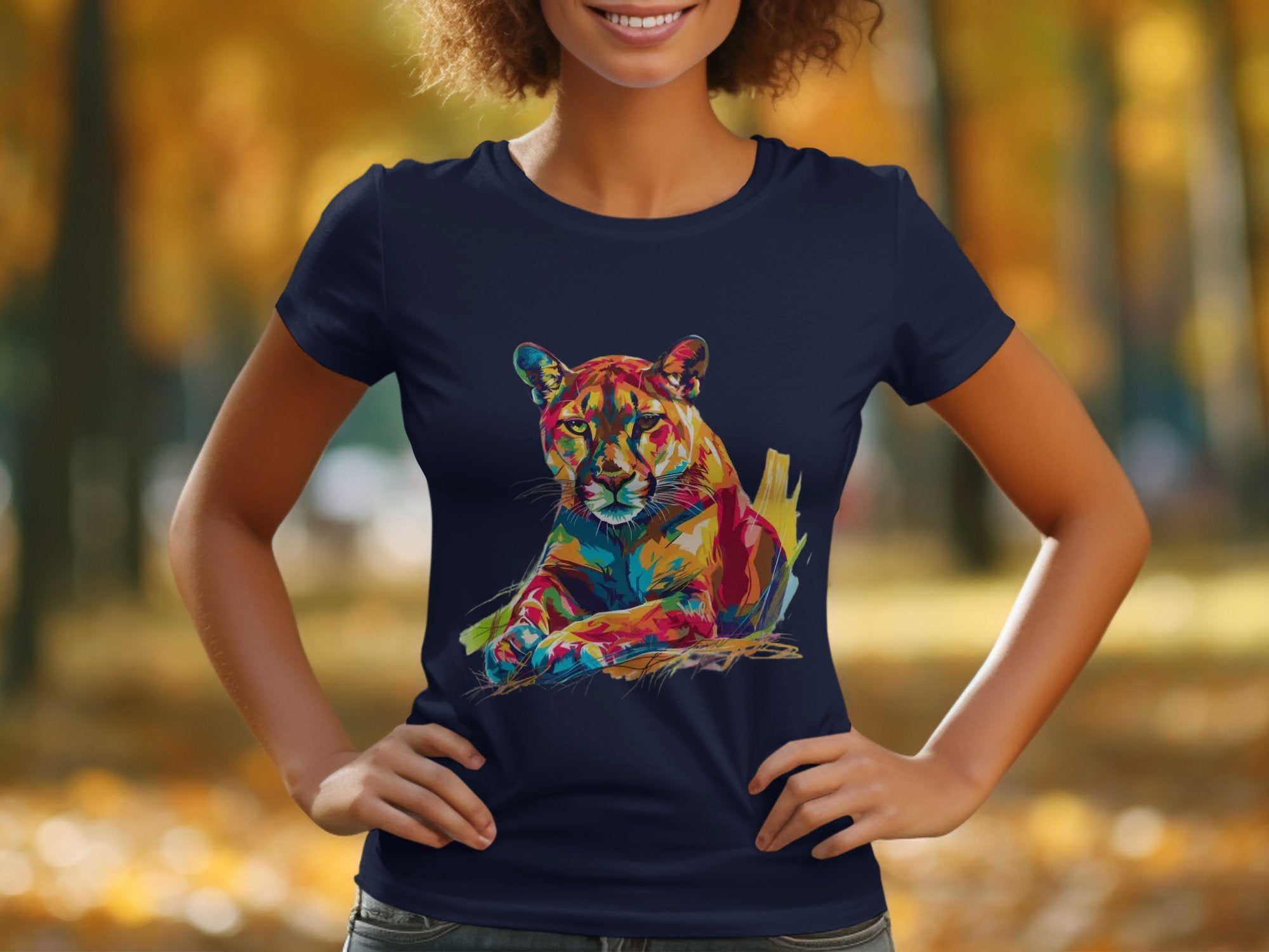 A person sports a navy blue Garment Graphics T-shirt featuring a vibrant puma and abstract design. They stand with hands on hips against a blurred backdrop of autumn-colored trees, highlighting the colorful print.