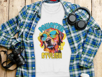 A Garment Graphics sweatshirt featuring a vibrant canine in sunglasses with Pawsitive Stylish is laid on a plaid shirt. Essentials for dog lovers, including headphones, a camera, and a water bottle, are neatly arranged on the wooden surface.