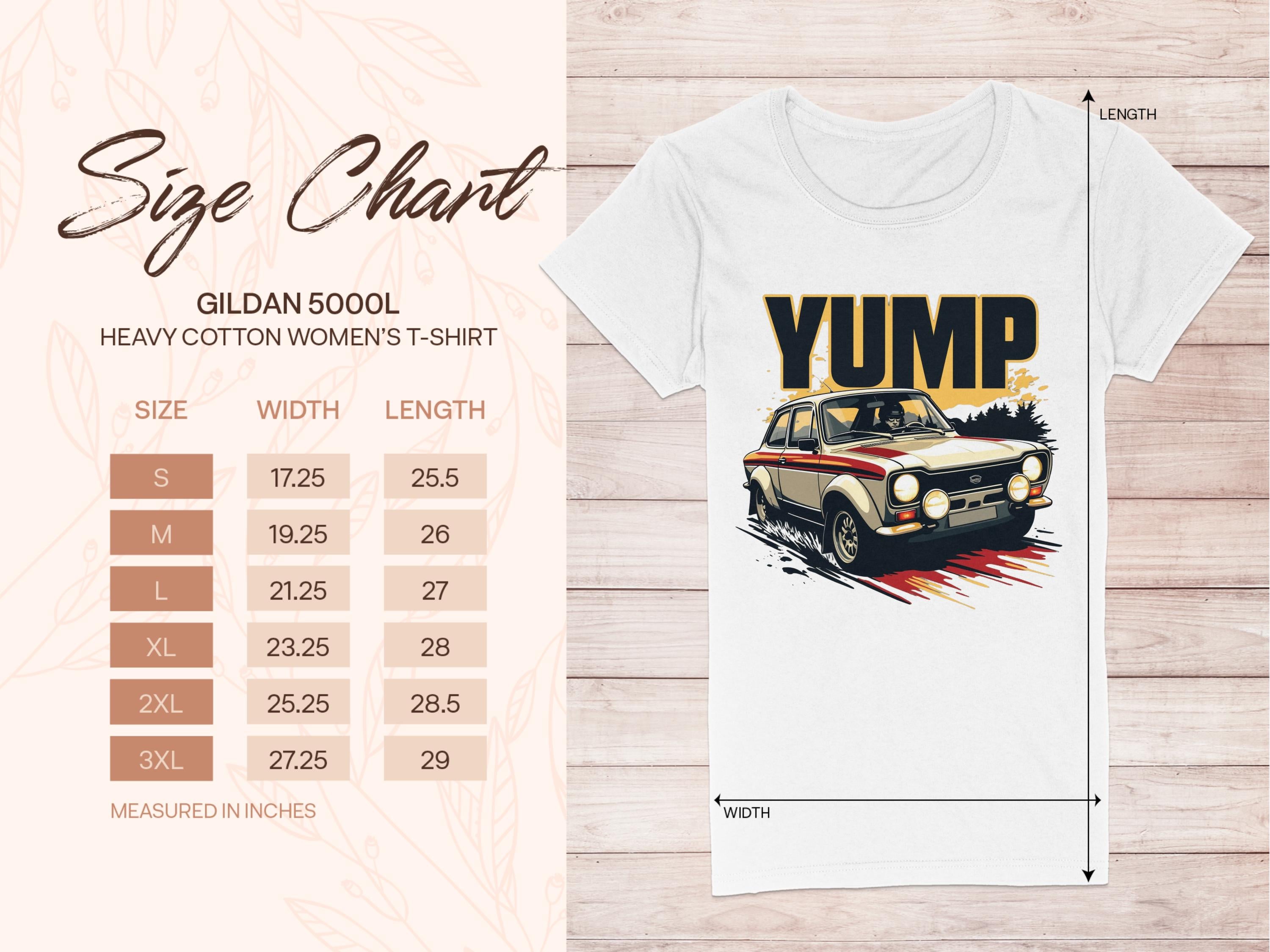 The Garment Graphics Gildan 5000L heavy cotton womens T-shirt features a retro design with a vintage car and YUMP above it. The size chart in inches, displayed next to a white shirt, covers sizes from small to 3XL.