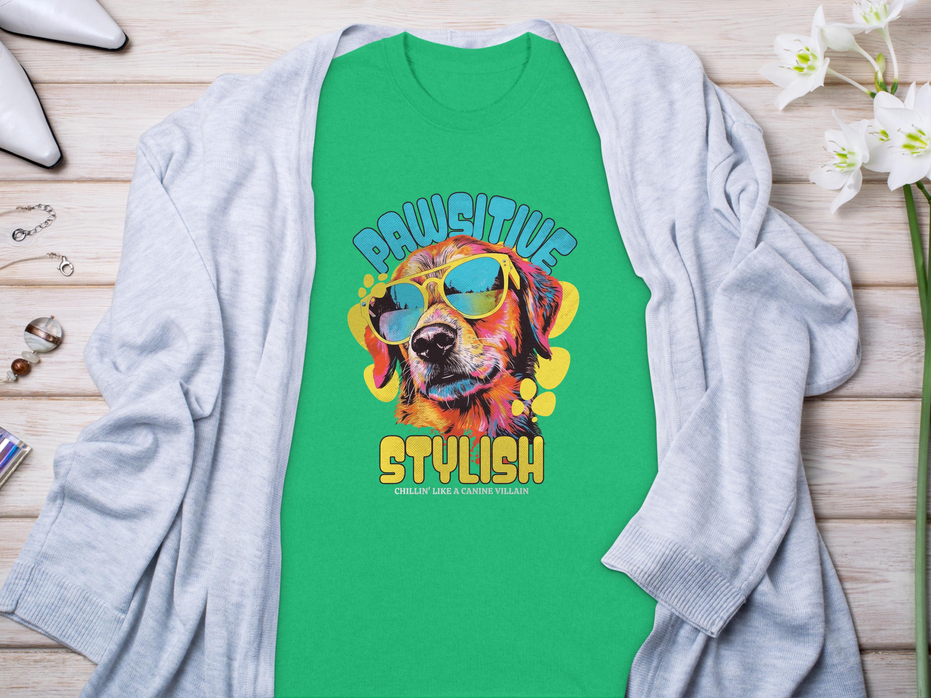 The Garment Graphics Dog T-shirt showcases a dog in sunglasses with the phrase Chillin Like A Canine Villain. Styled on wood, its paired with a light gray cardigan, white flowers, perfume, rings, and white pointed shoes for a paw-sitive stylish vibe.