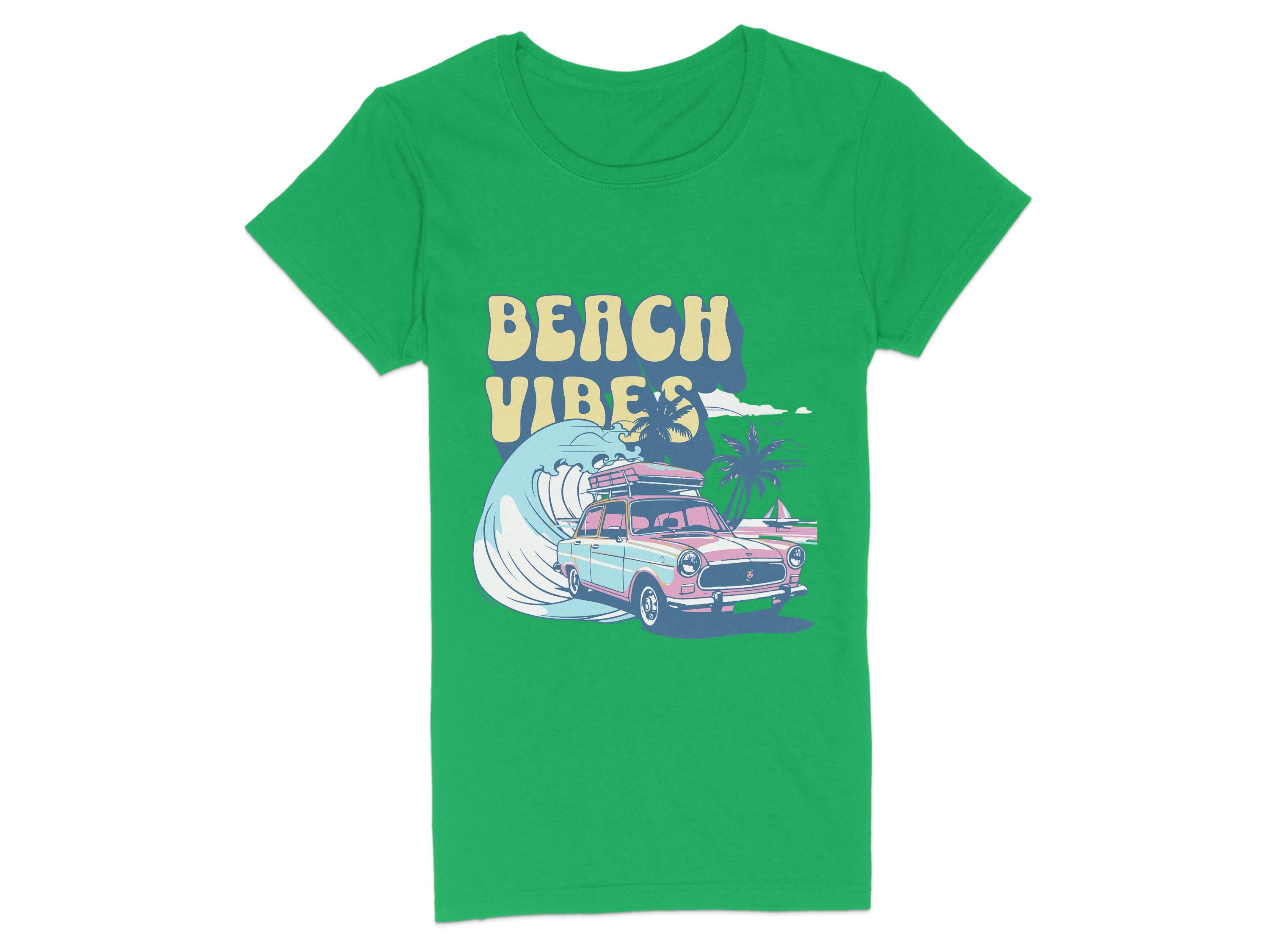 Garment Graphics retro green t-shirt showcases a vibrant surf design with a car and surfboard cruising near a large wave and palm trees, featuring the Beach Vibes text above the image for an authentic coastal style.