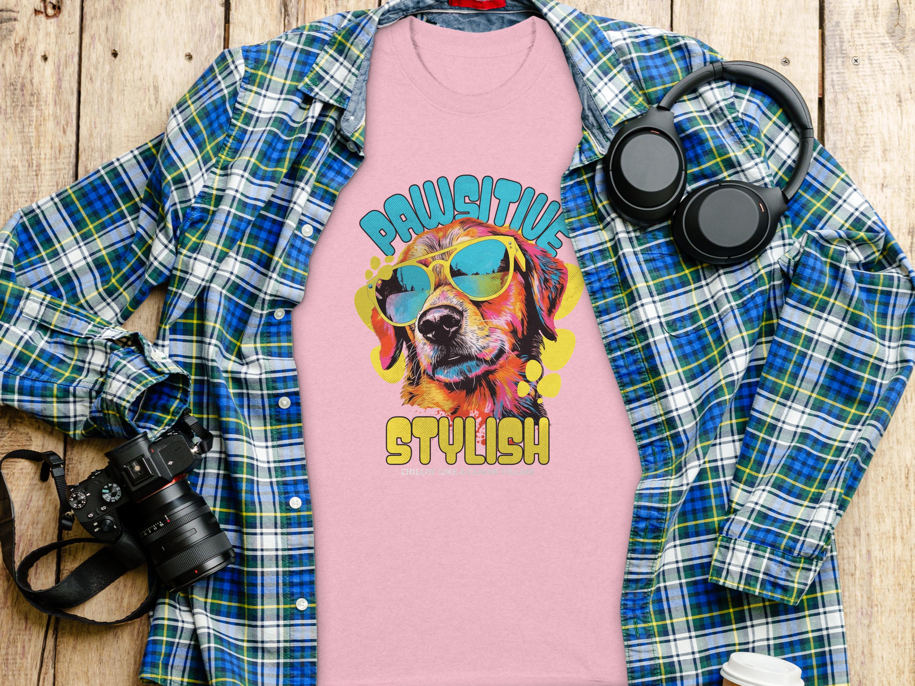 A Garment Graphics pink t-shirt features a vibrant dog-in-sunglasses graphic with the phrase Chillin Like A Canine Villain. Its creatively displayed on a wooden surface with a blue plaid shirt, black headphones, and a camera.