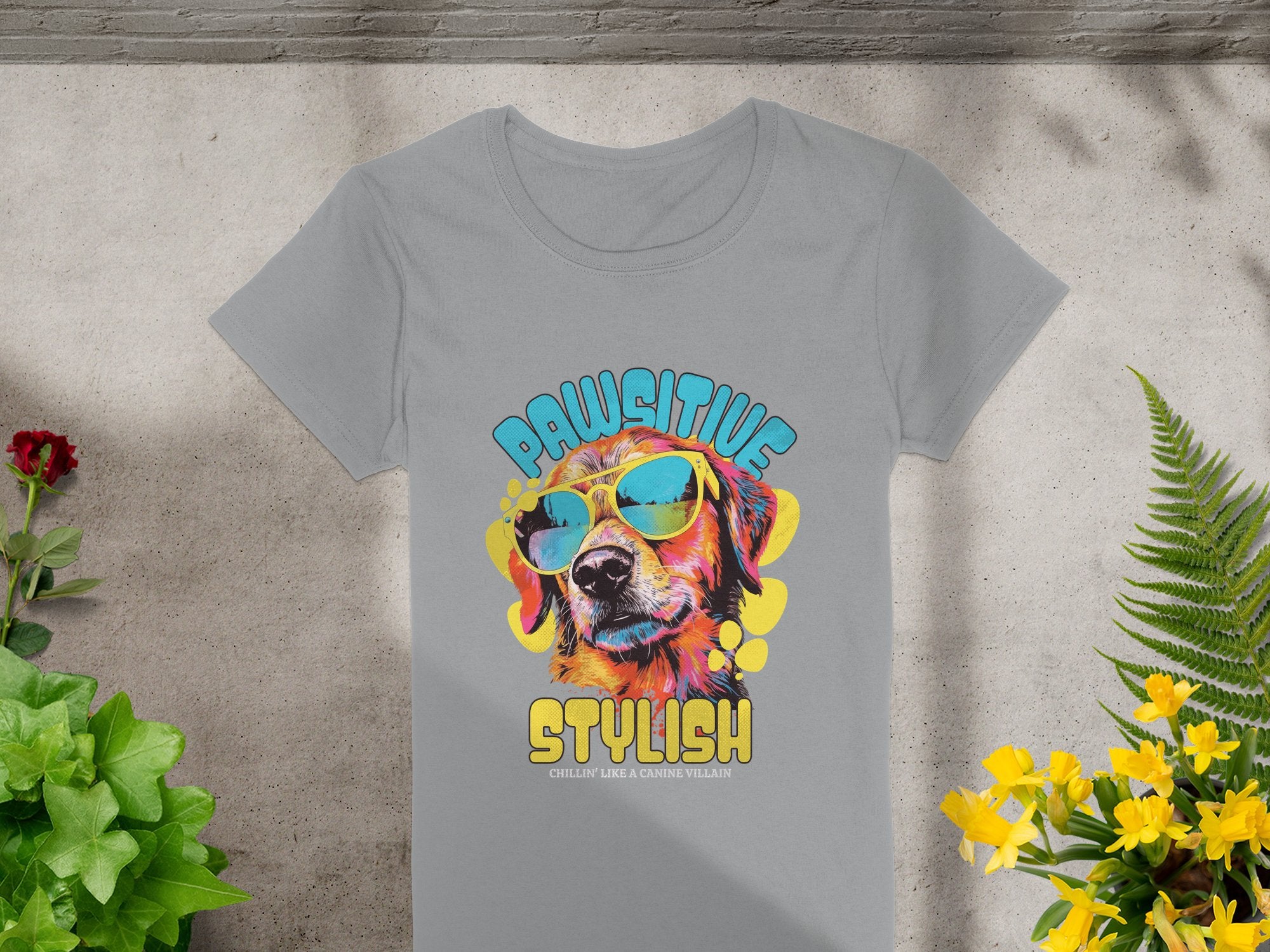 Garment Graphics offers a womens gray T-shirt featuring a dog with sunglasses and the text PAWSITIVE STYLISH above and CHILLIN LIKE A CANINE VILLAIN below. The design is complemented by green and yellow plants over a concrete background, creating a lively, fun look.