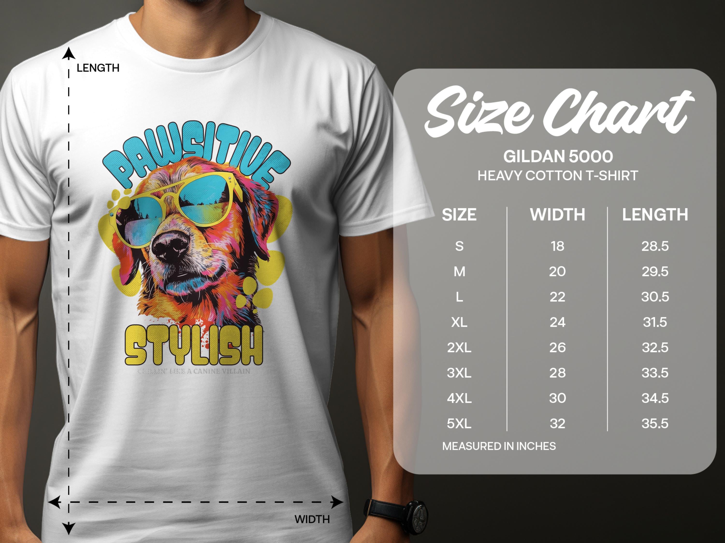 A man sports a white Garment Graphics tee featuring a dog in sunglasses and Chillin Like A Canine Villain. Beside him is the Gildan 5000 Heavy Cotton T-shirt size chart, showing sizes S to 5XL with corresponding width and length in inches.