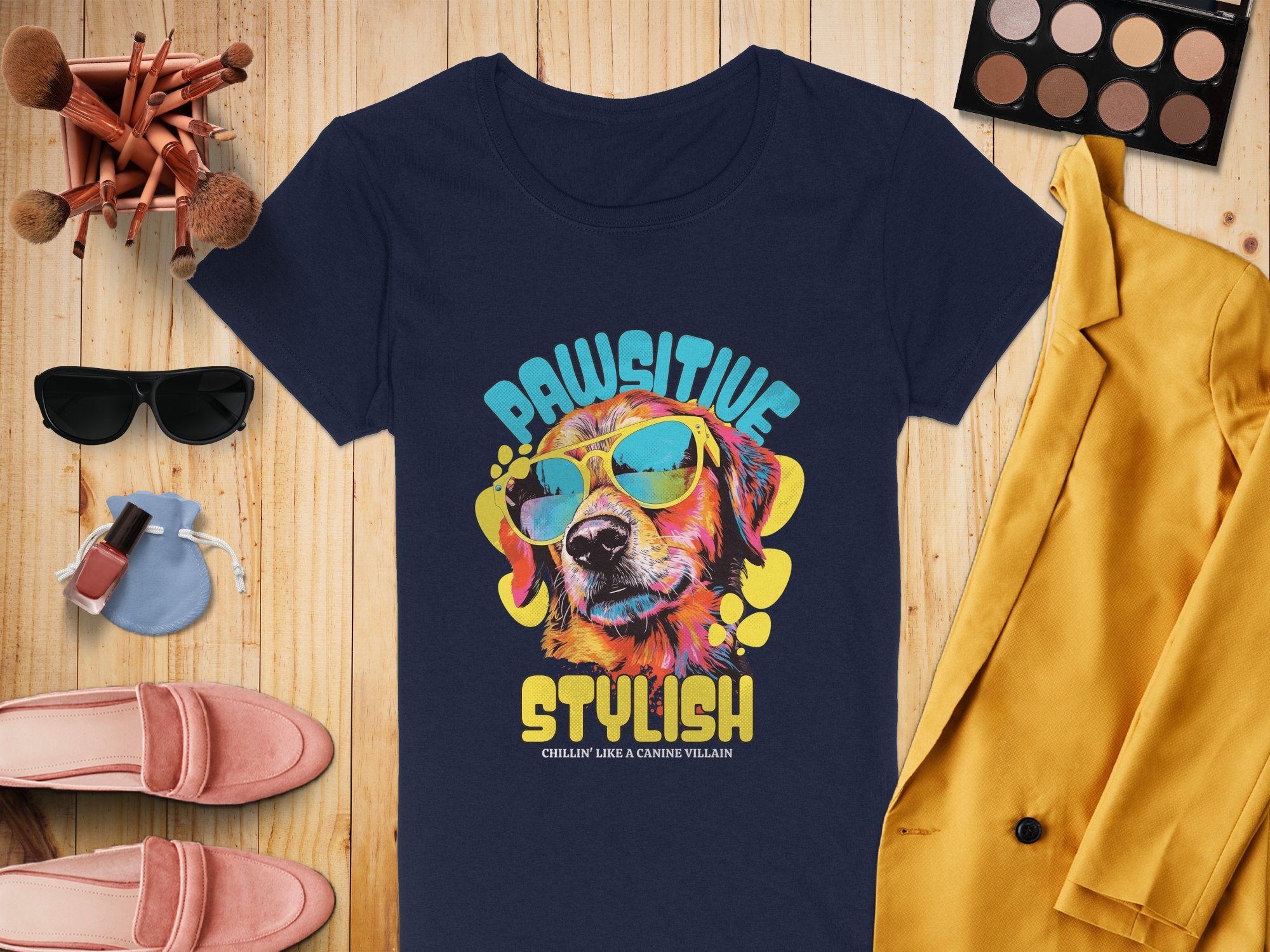 Flat lay featuring Garment Graphics navy dog t-shirt with Pawsitive Stylish print and a colorful pup in sunglasses, surrounded by makeup brushes, an eyeshadow palette, perfume, pink shoes, a yellow blazer, and additional sunglasses on a wooden surface—ideal for womens sizing!.