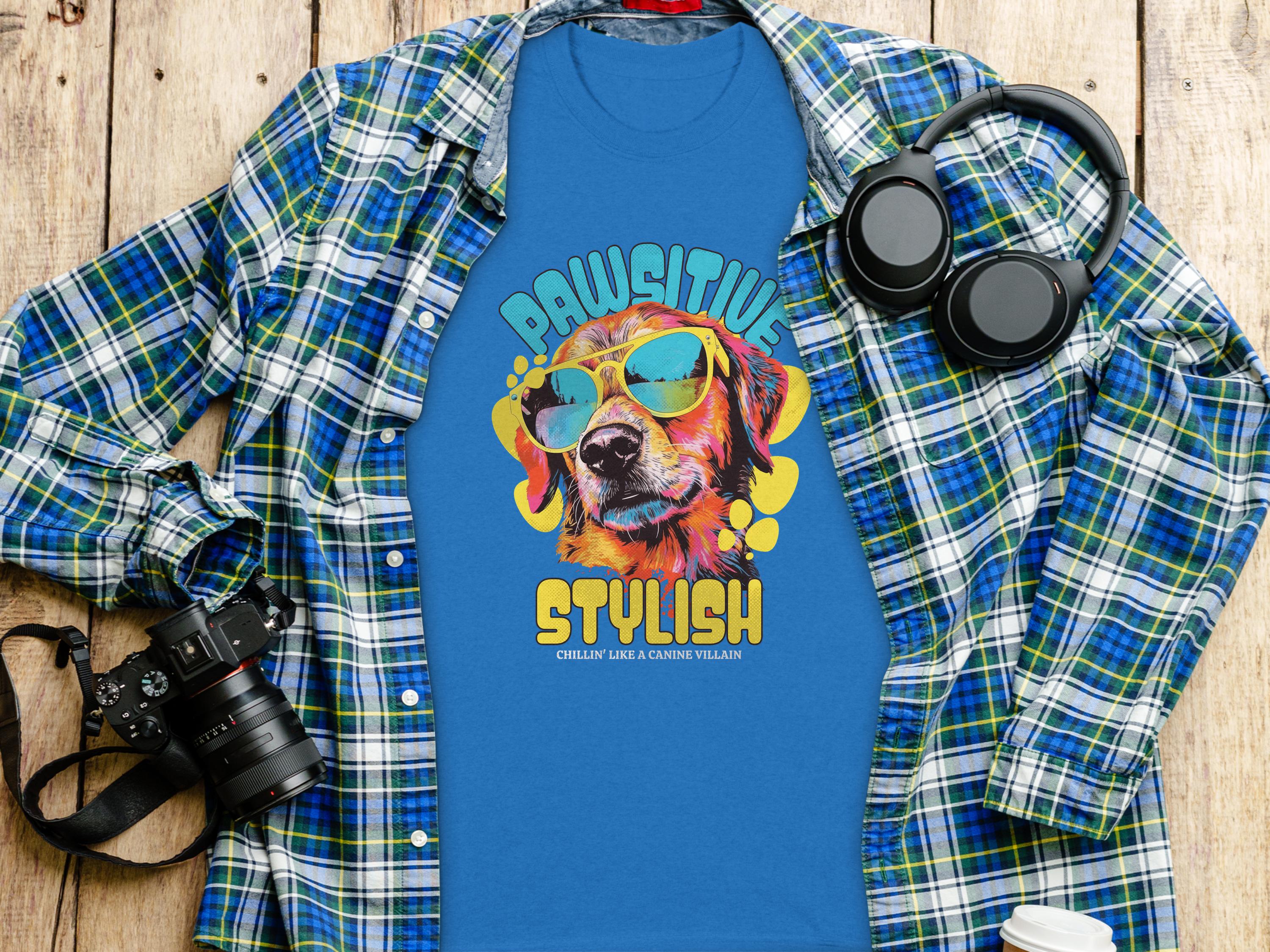 A flat lay image showcases a Garment Graphics Paw-sitive Stylish blue dog t-shirt with a vibrant canine print, alongside an open plaid shirt, headphones, a camera, and a white tumbler on rustic wood. Ideal for chilling like a canine villain.