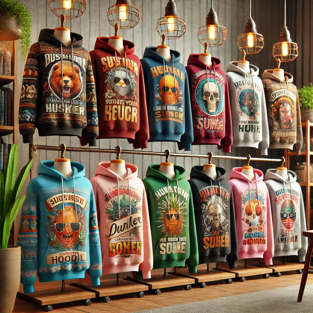 A display of colorful hoodies on mannequins featuring various animal designs and text, set in a rustic shop with hanging lights. Each hoodie has vibrant graphics and unique themes.