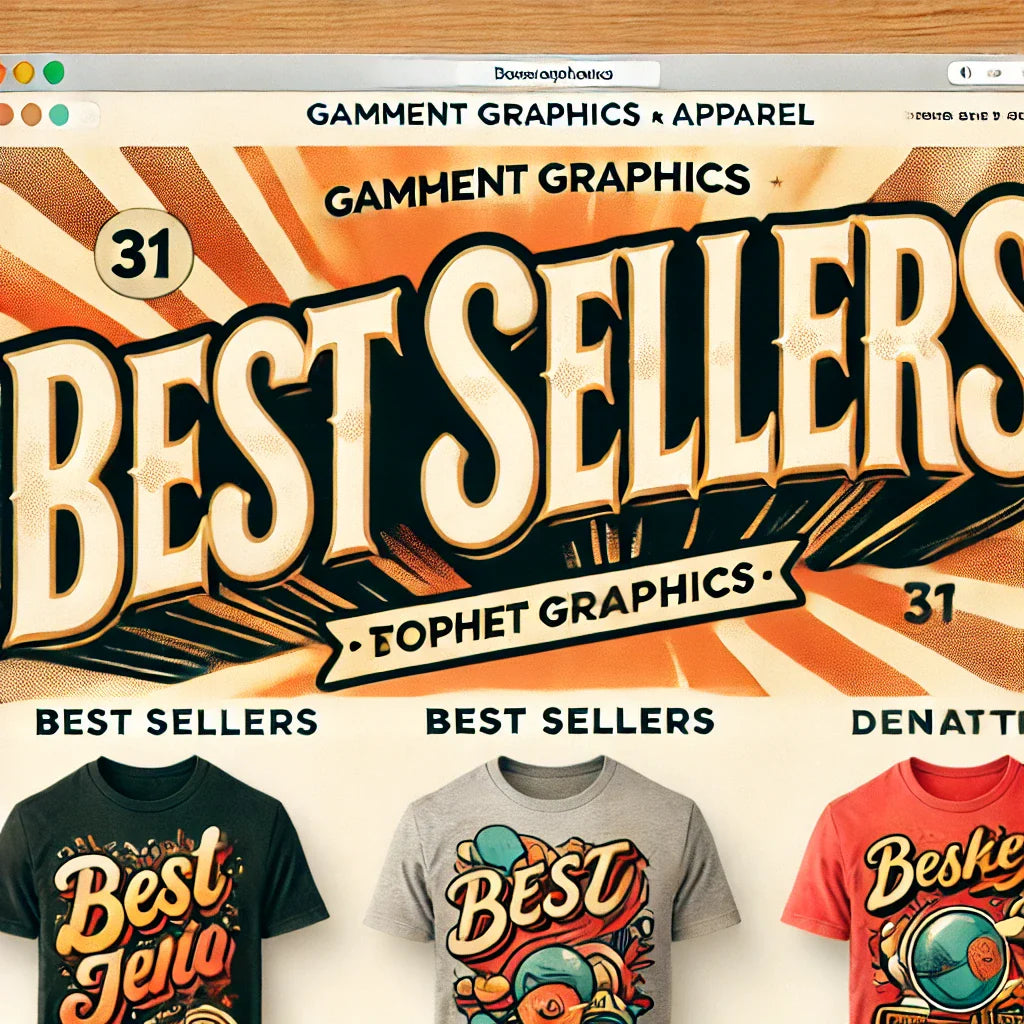 A vibrant advertisement showcasing Best Sellers from a garment graphics and apparel brand. Features three colorful t-shirts with illustrated designs, set against an orange, vintage-style background.