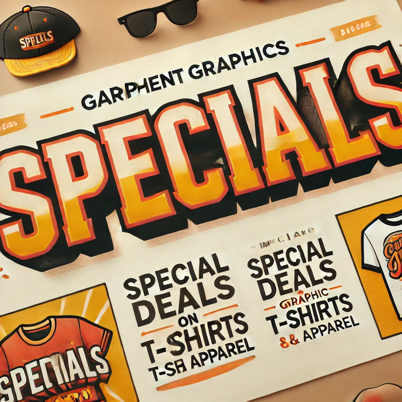 A poster for Garment Graphics Specials featuring highlights like T-shirts and apparel. The background includes sunglasses and a cap with the word SPELLS. Bold text emphasizes special deals and offers.