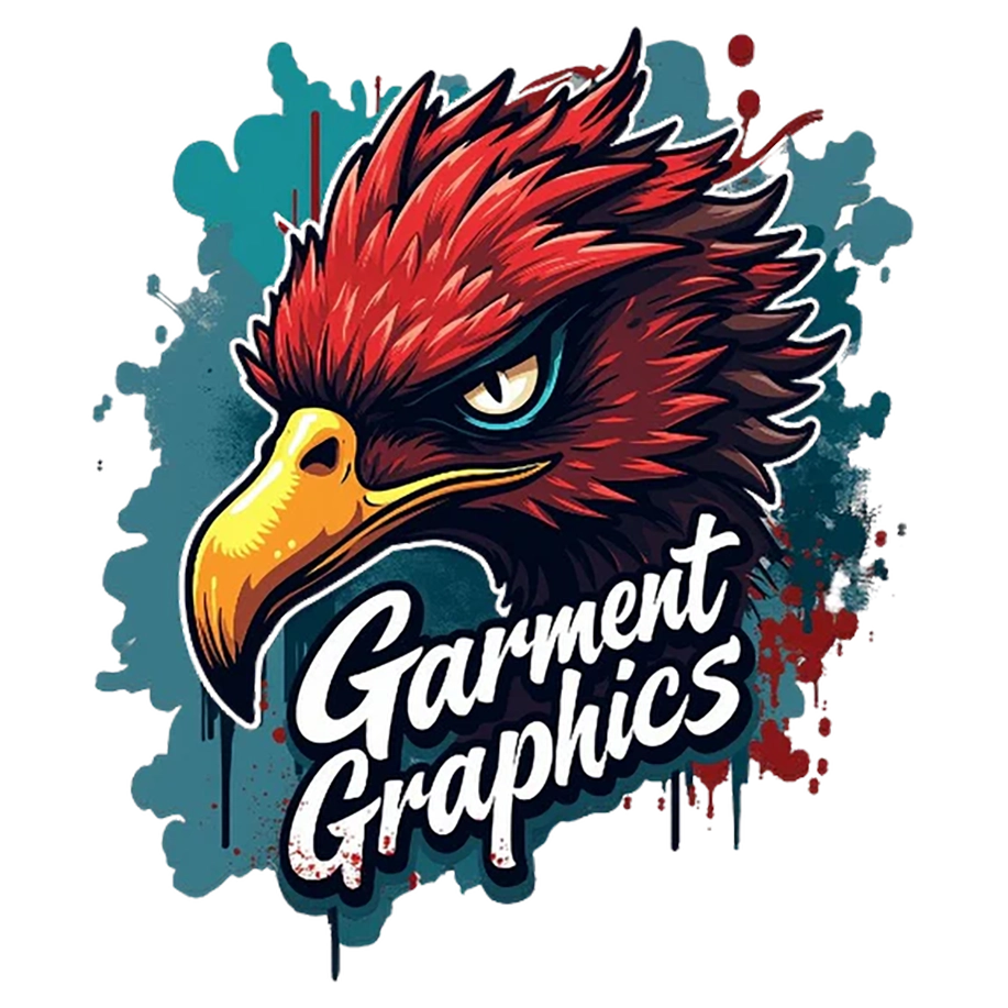 A fiece red eagle on a green backgound and the Garment Graphics Brand name on it -  Portrait