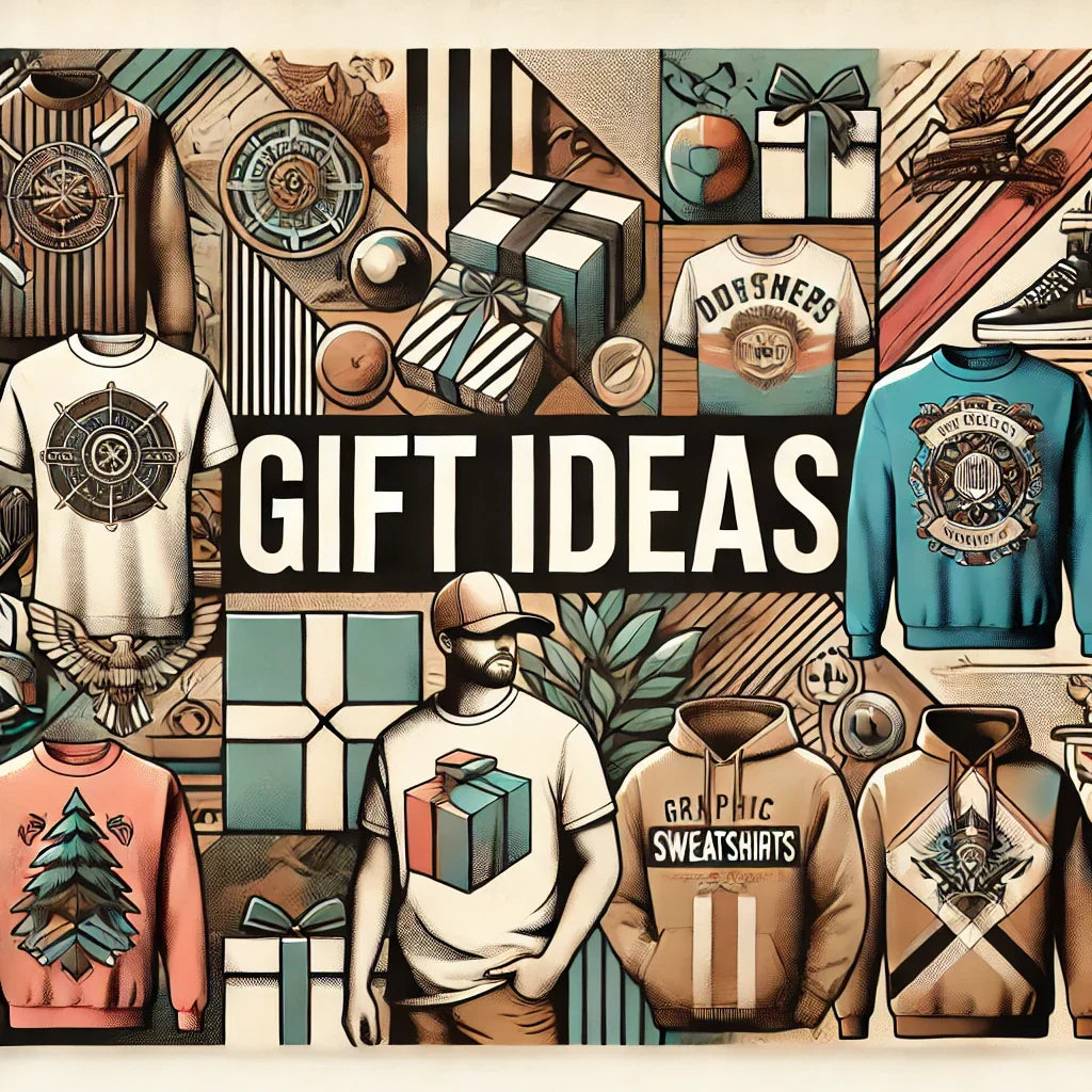 Gift ideas banner featuring graphic T-shirts, sweatshirts, hoodies, and gift boxes