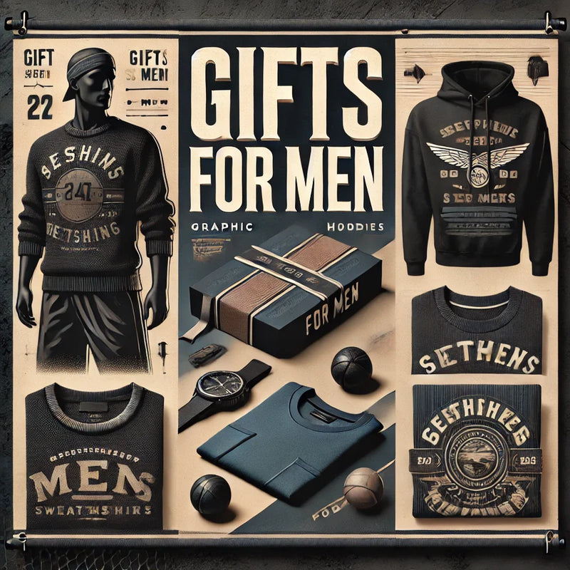 A collage showcasing mens gift ideas, including sweatshirts, hoodies, a wristwatch, sunglasses, a wallet, and basketballs, with bold text reading Gifts for Men in a graphic design style.