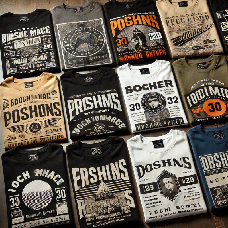 Collection of trendy T-shirts with bold graphic designs and typography in various colors, featuring unique prints and vintage-inspired styles.
