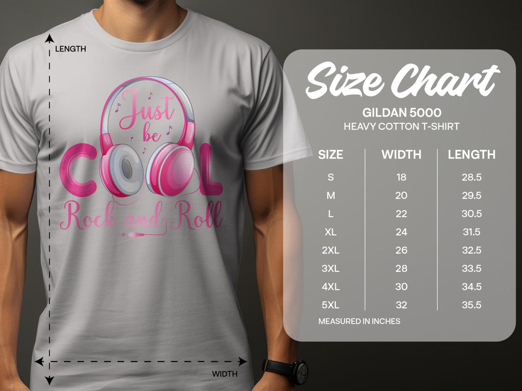 A person wears a Garment Graphics white T-shirt with fun headphones and Just be Cool Rock and Roll. Designed for music enthusiasts, it uses the Gildan 5000 size chart, offering S to 5XL sizes. Perfect for Rock and Roll fans!.