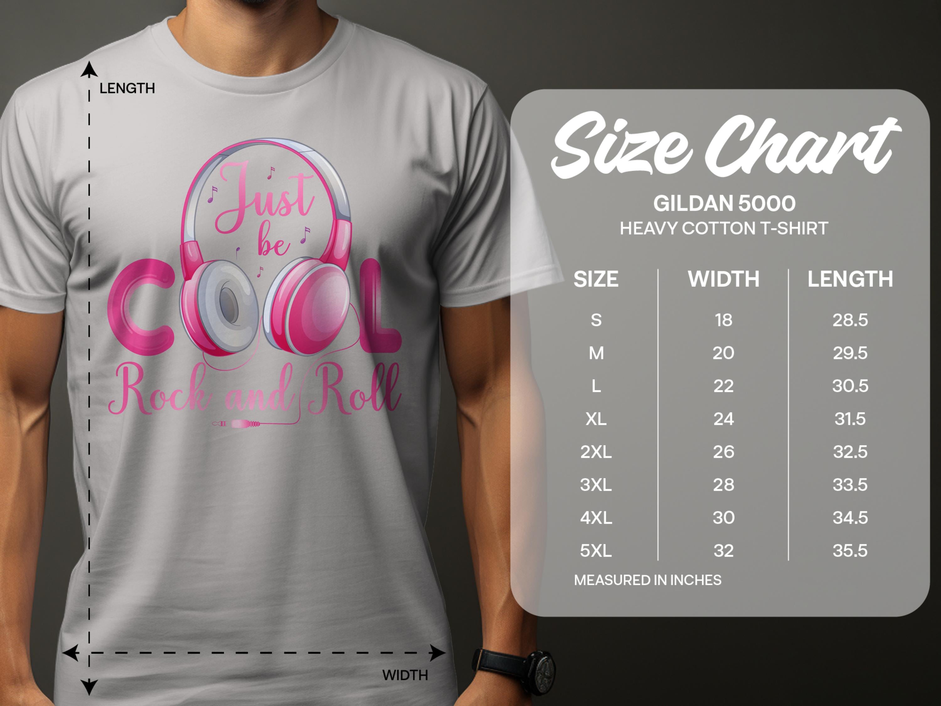 A person wears a Garment Graphics white T-shirt with fun headphones and Just be Cool Rock and Roll. Designed for music enthusiasts, it uses the Gildan 5000 size chart, offering S to 5XL sizes. Perfect for Rock and Roll fans!.