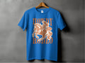 A blue Rodeo T-Shirt by Garment Graphics hangs on a wooden hanger against a gray background, featuring a cowboy on a rearing horse with Howdy Rodeo in large orange letters and a 1st rodeo banner—ideal for enthusiasts.