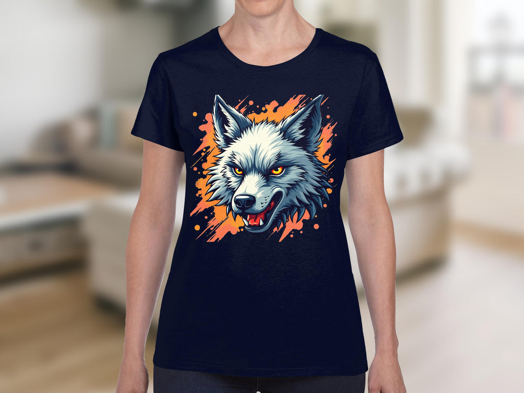 A daring personality emerges in this Garment Graphics 100% cotton navy T-shirt, featuring a wolfs head graphic with intense yellow eyes and an open mouth. Accented by bright orange splashes, the design stands out against a softly blurred room background.